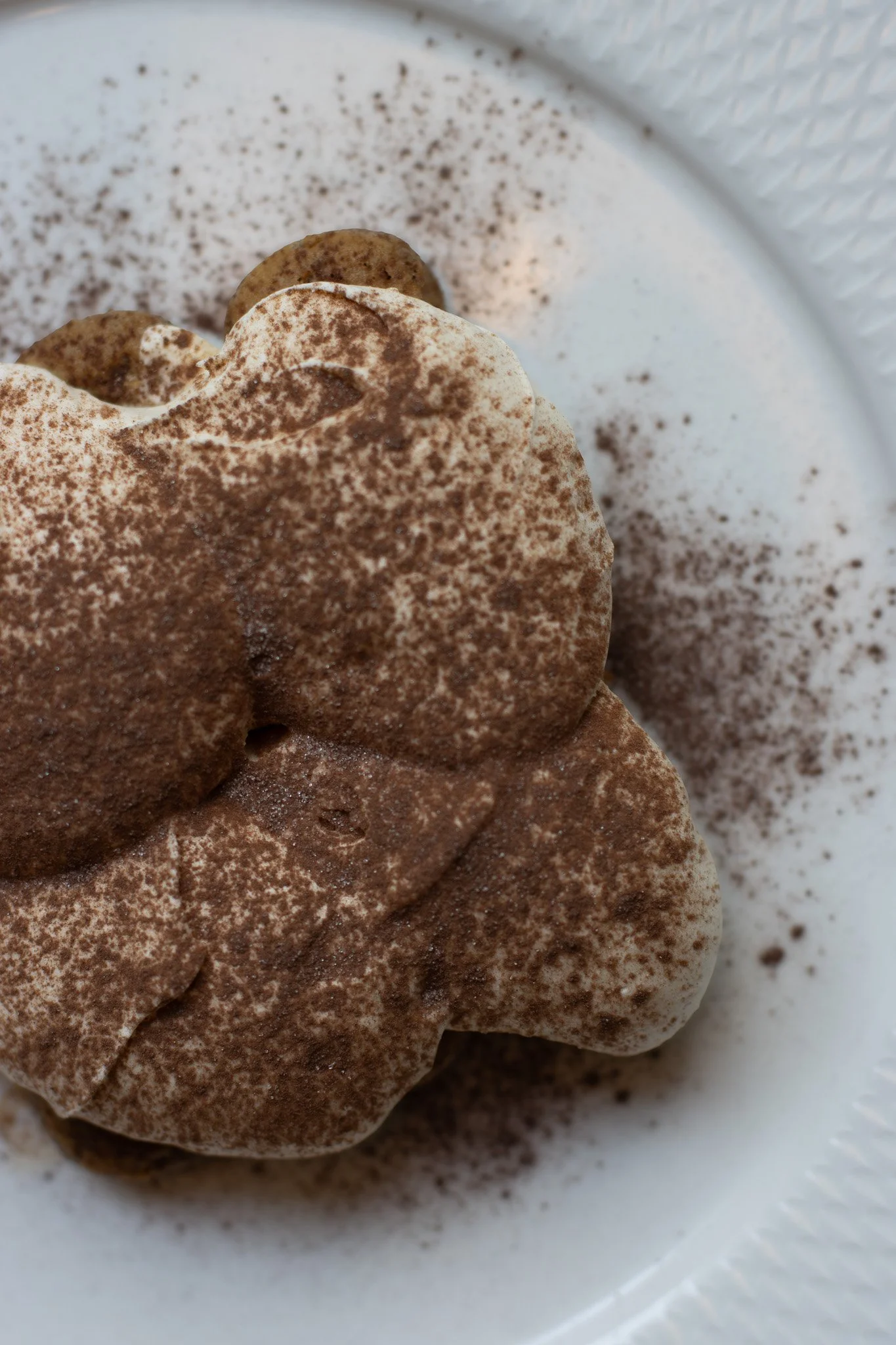 Close-up of a tiramisu with chocolate dusting on top, resting on a white textured plate. The Hari, Il Pampero.