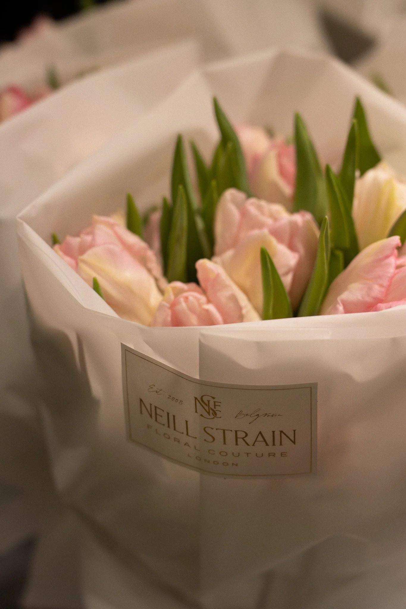 A bouquet of pink and white tulips wrapped in white paper with a label reading 'Neill Strain'. Neill Strain, Harrods, Motcomb Street.