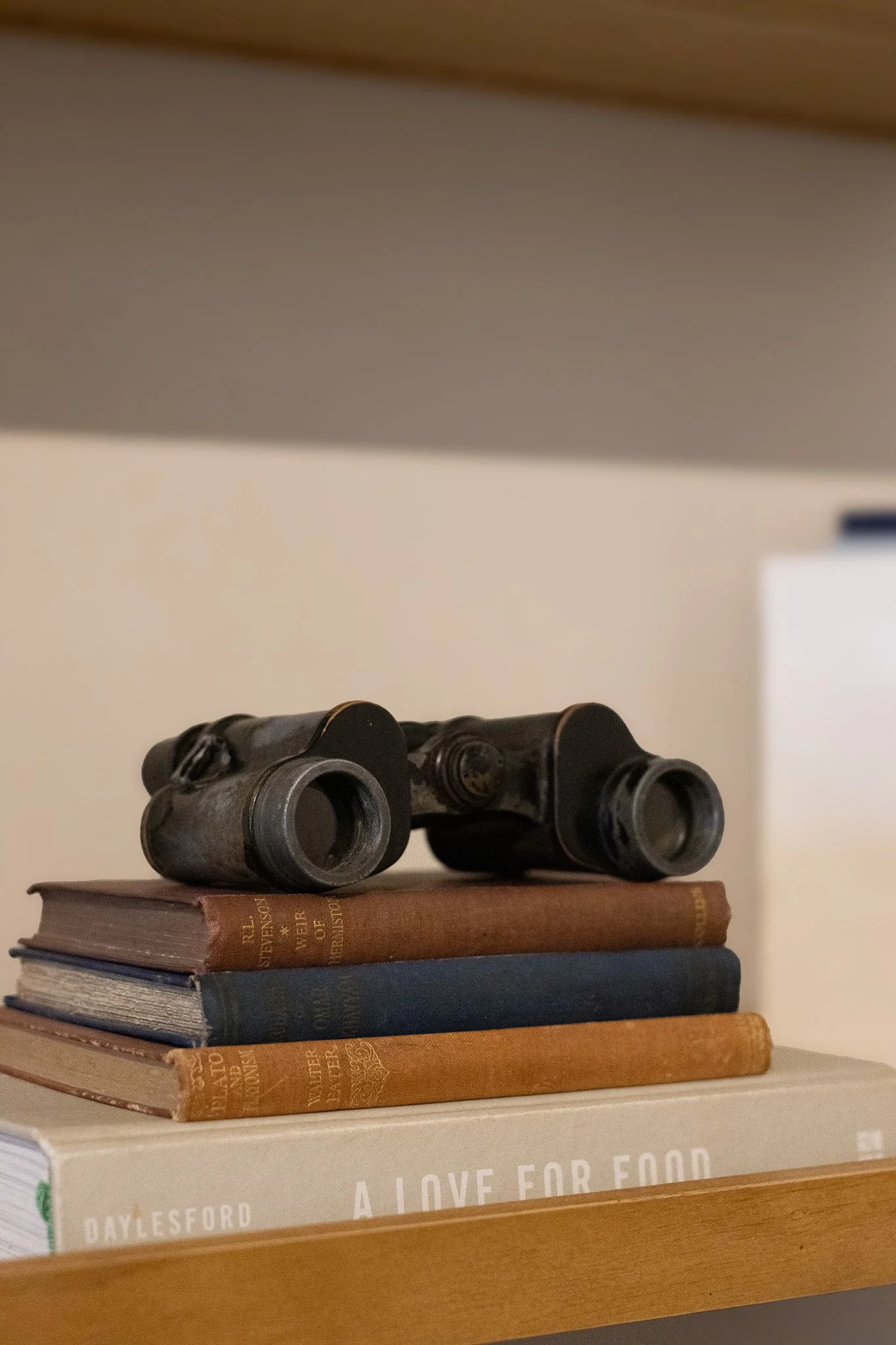 Stack of three books with a pair of black binoculars on top, placed on a wooden surface. The New England Coffee House.