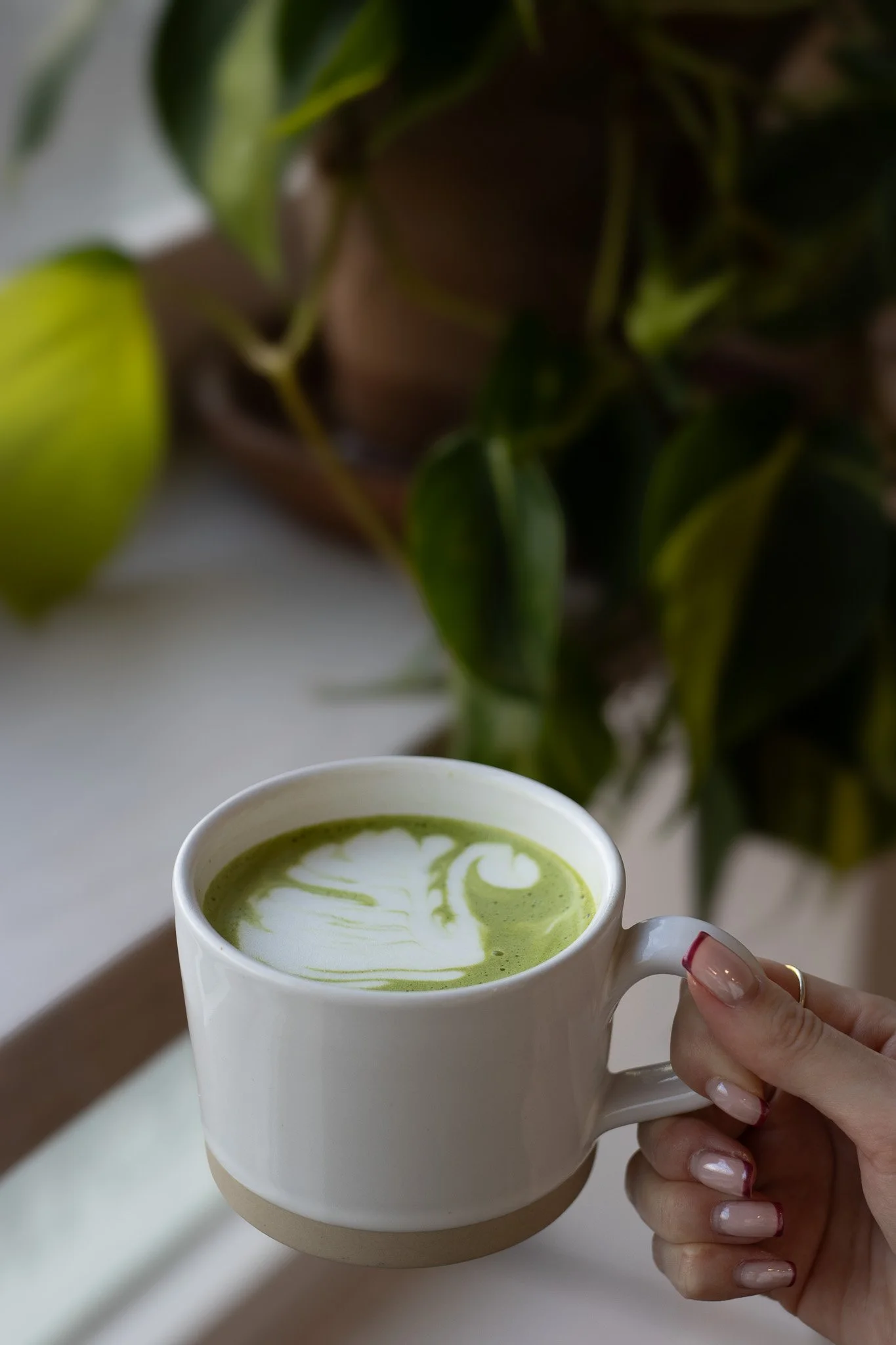 A person holding a white mug of matcha latte with latte art, with green plants in the background. The Cotswold Farm. 