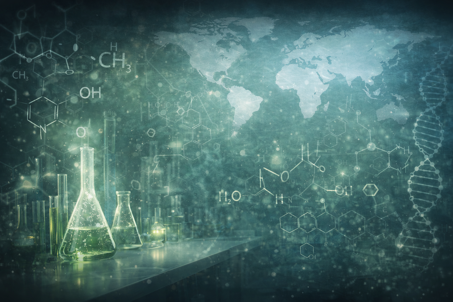 Laboratory-style image with scientific formulas and glassware, representing The Technology Greenhouse feature on sustainable technology and industrial innovation in the June 2026 Green Sustainability Magazine.