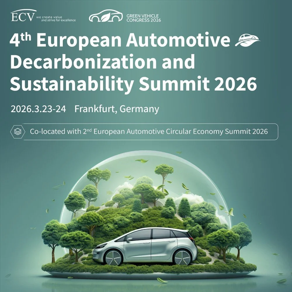 Event poster for the 4th European Automotive Decarbonization and Sustainability Summit 2026, held in Frankfurt, Germany, on March 23-24, 2026. The poster features a sleek silver electric car sitting on a lush green landscape with trees under a glass dome, highlighting environmental sustainability.