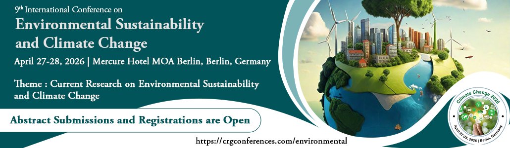 Conference banner for the 9th International Conference on Environmental Sustainability and Climate Change, held on April 27-28, 2026, at the Mercure Hotel MOA Berlin, Germany. The banner features a stylized illustration of a small green and blue planet with wind turbines, buildings, trees, a river, and animals, symbolizing sustainability and environmental themes.