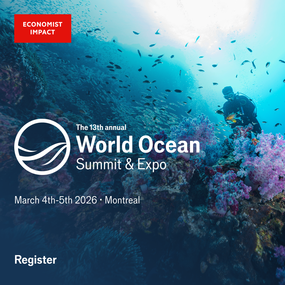 Underwater scene with a scuba diver surrounded by coral and fish at the World Ocean Summit & Expo, held March 4th-5th, 2026 in Montreal, with a red banner indicating 'Economist Impact'.