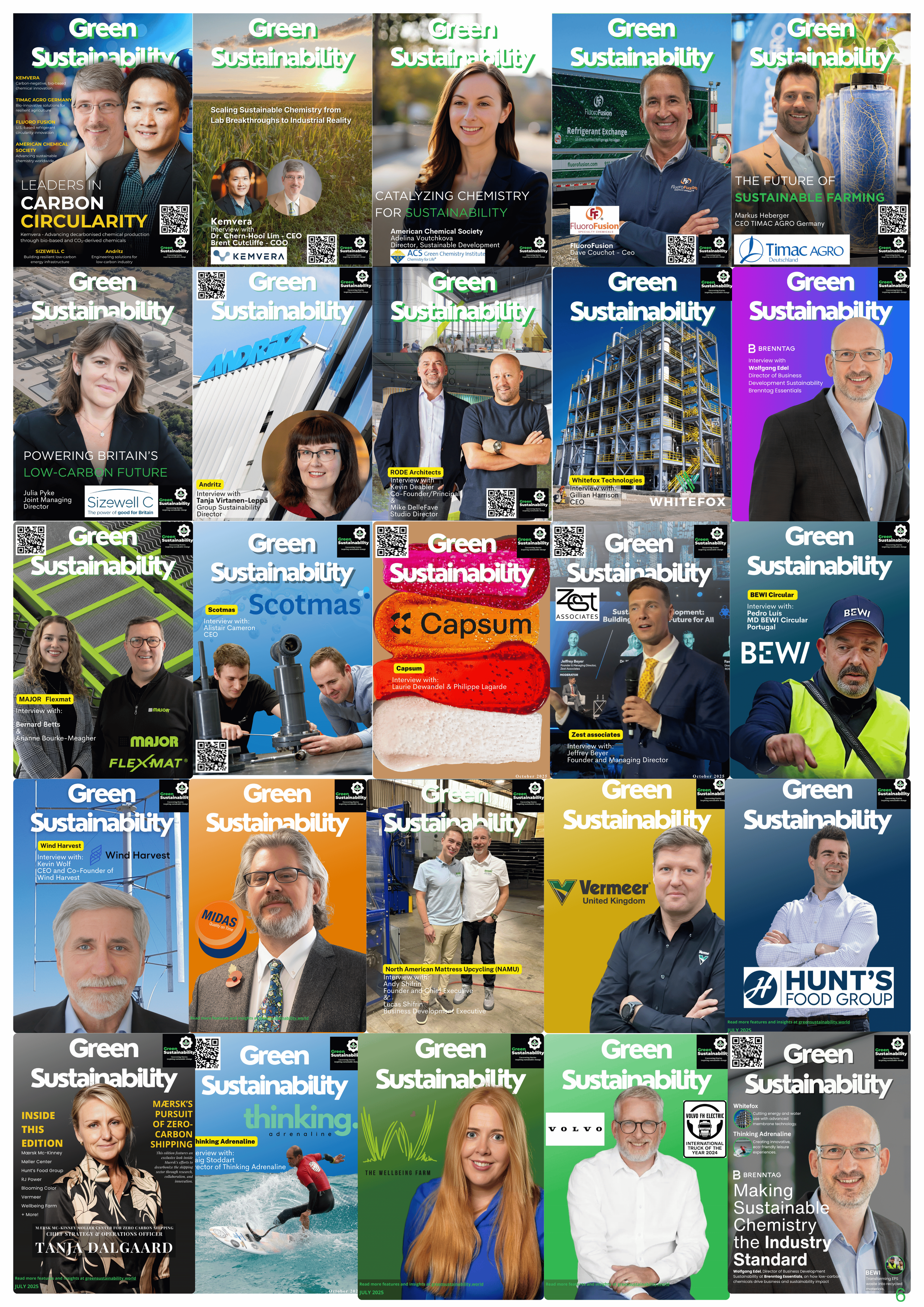 A collage of Green Sustainability Magazine covers featuring interviews and editorial stories across sustainable chemistry, energy, manufacturing, agriculture, and the built environment.