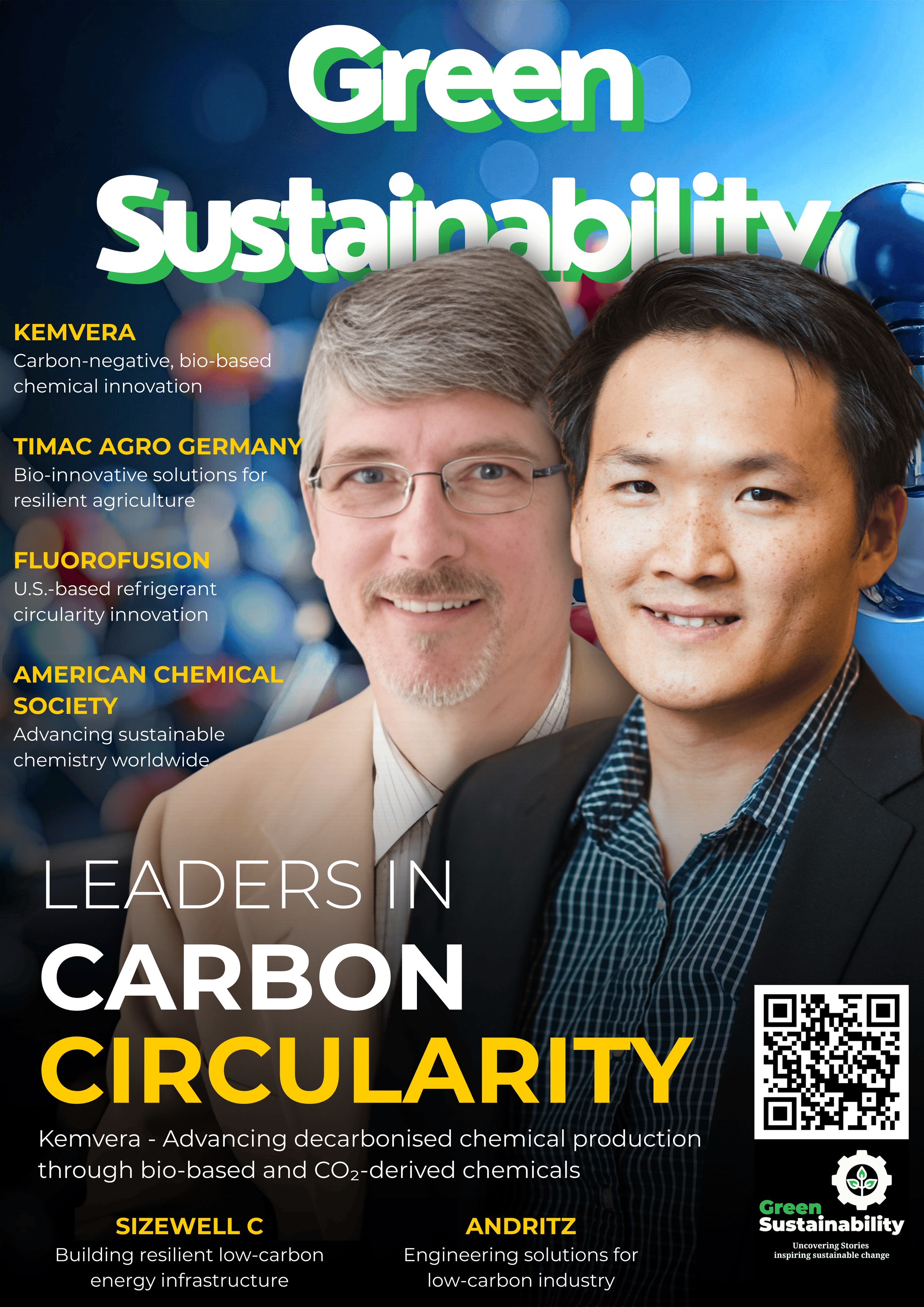Front cover of Green Sustainability Magazine, December 2025 edition, highlighting carbon circularity and sustainable chemistry through in-depth industry interviews and editorial features.