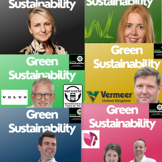 Collection of six posters promoting green sustainability with diverse individuals and logos.