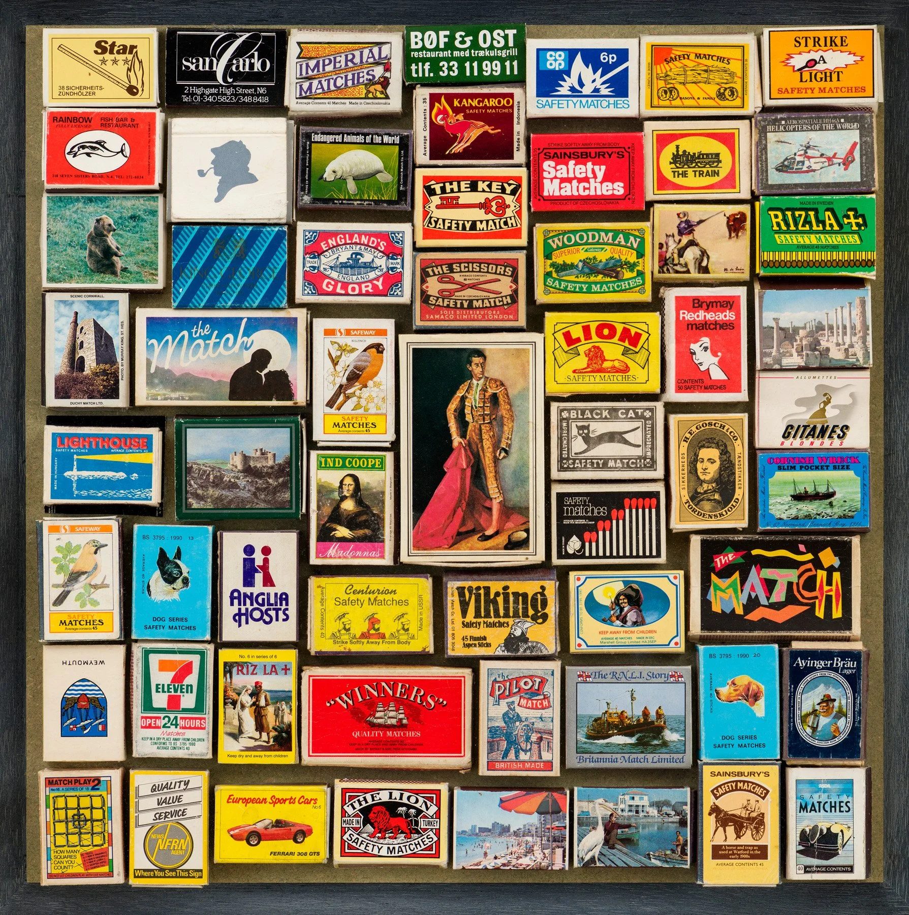 Matchbox Collage, 2024, with matchboxes from the collection of Miranda Keeling
