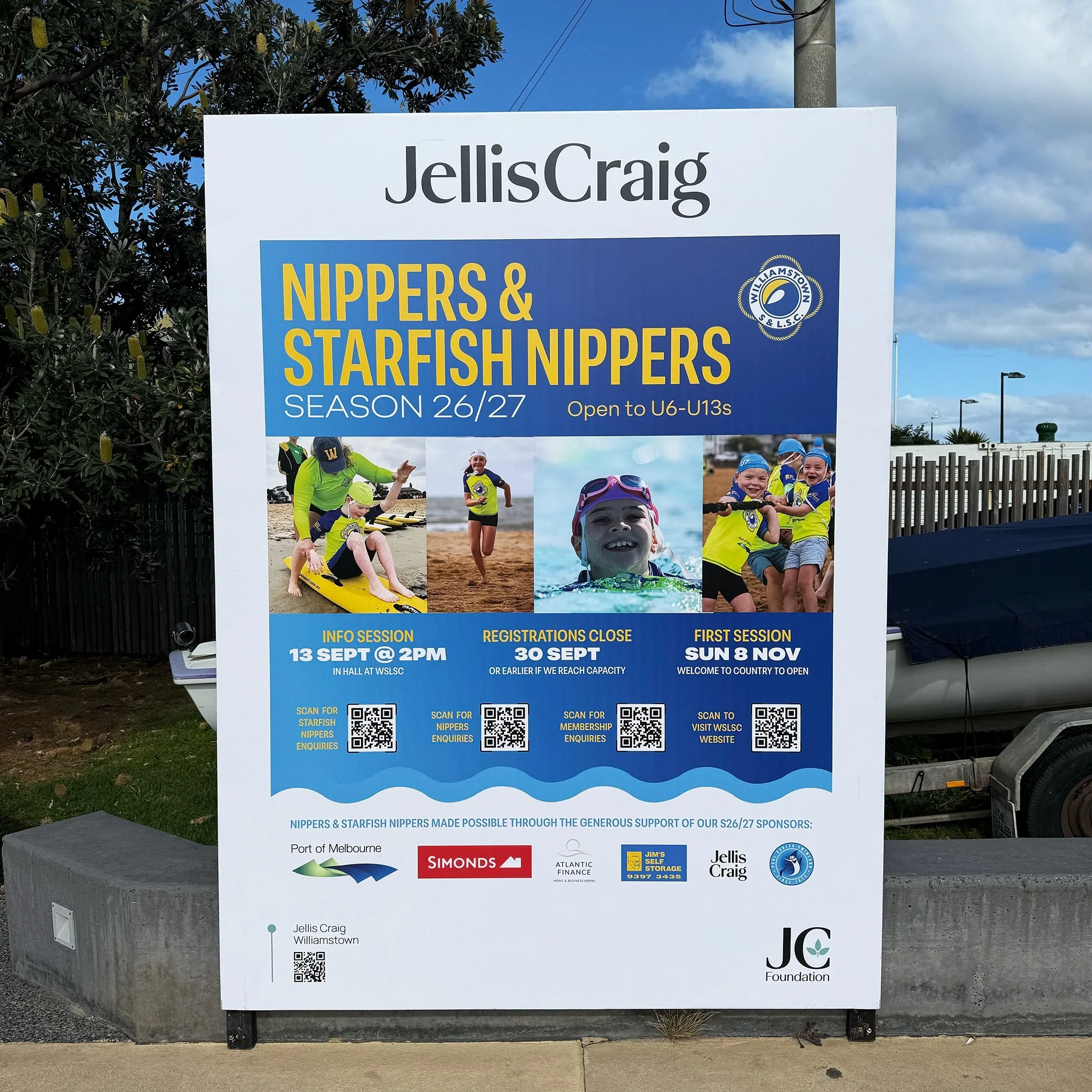 Sun's out, sign's out!

Nippers &amp; Starfish Nippers S26/27 is set to begin from 8 November. Registrations now open, but hurry - they close 30 Sept, and spots fill up quick! Visit the Nippers page on our website to find out more about how to sign u