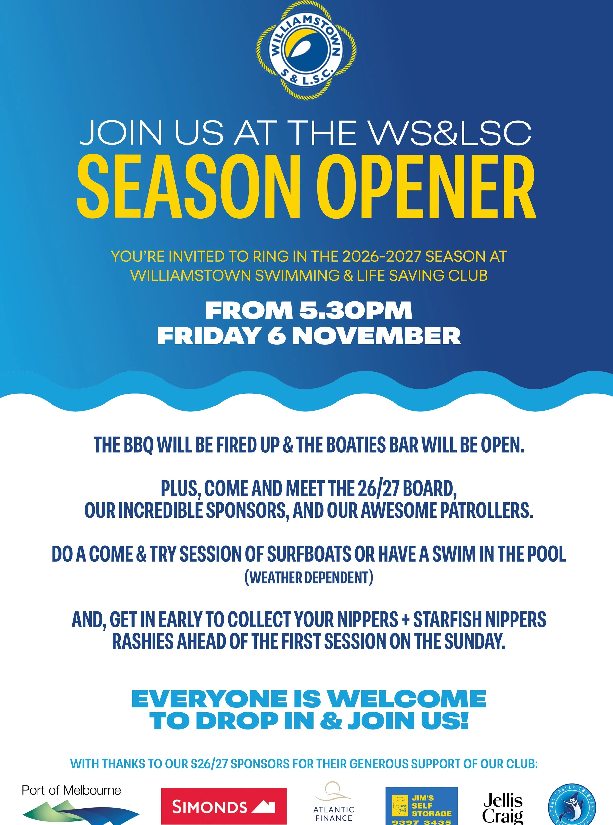 Save the date!

Please join us in welcoming in the new season on Friday 6 November from 5.30 onwards. 

Join members of our club and community, for sausages on the BBQ, softies and grown-up drinks from the Boaties Bar, and a chance to laze on the law