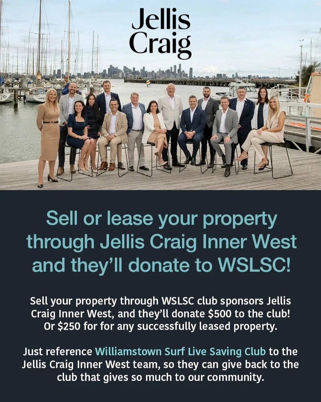 A message from our Sponsors at Jellis Craig Inner West!

Through their Community Support Program, Jellis Craig are offering financial rewards for the club when WSLSC members, their families or friends sell or lease their property with Jellis Craig In
