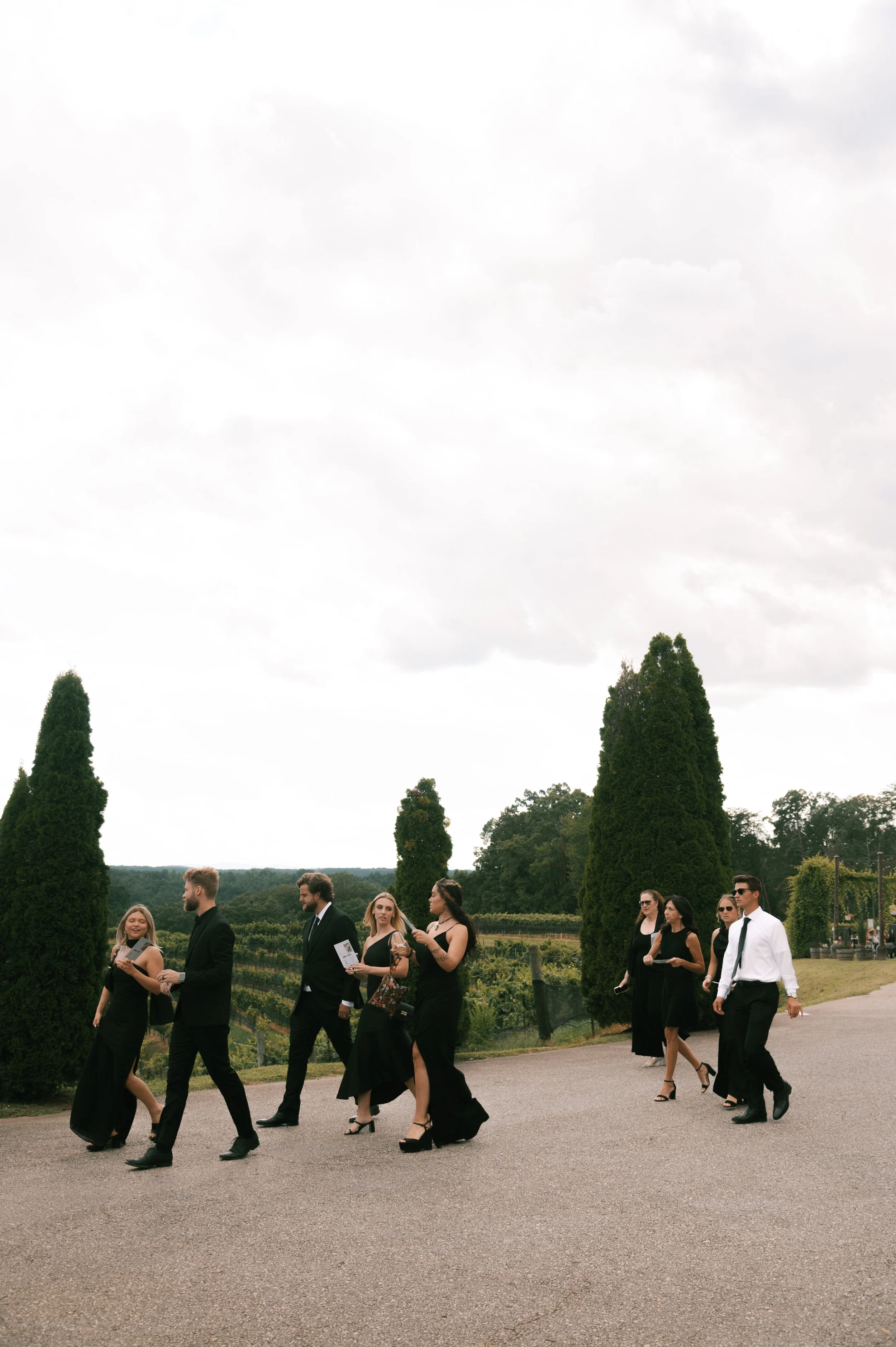Group of people dressed in black formal attire walking outdoors in a scenic area with tall trees and cloudy sky.