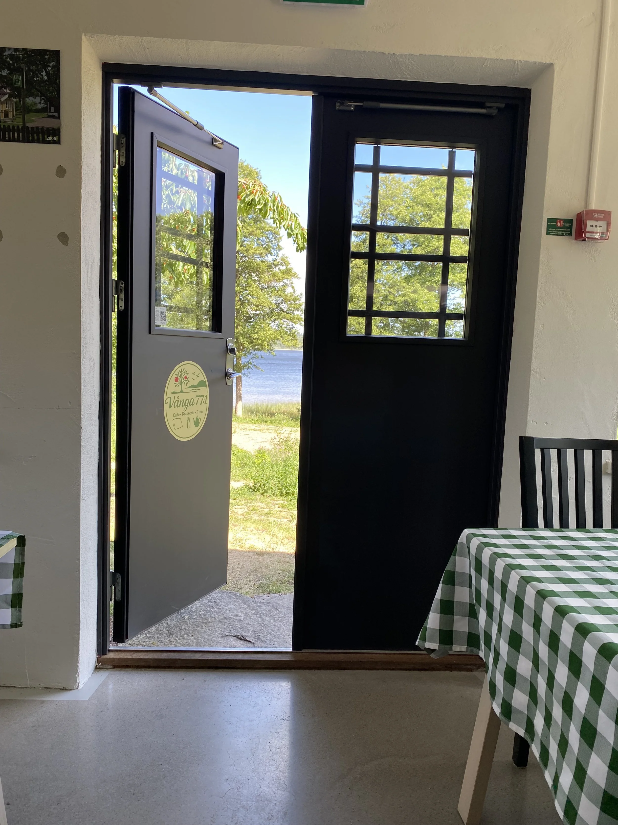 en svart spegeldörr på glänt ut till trädgården