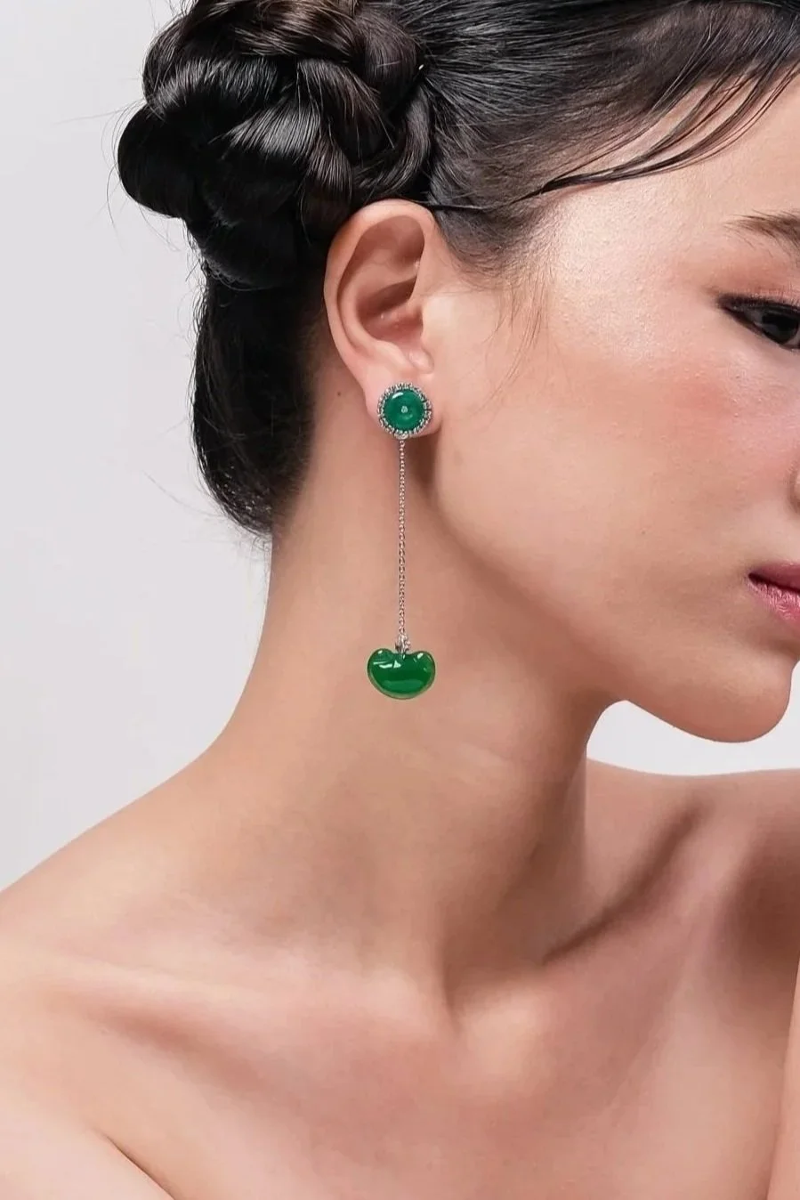 Detachable Dangling Jade Bean Earrings