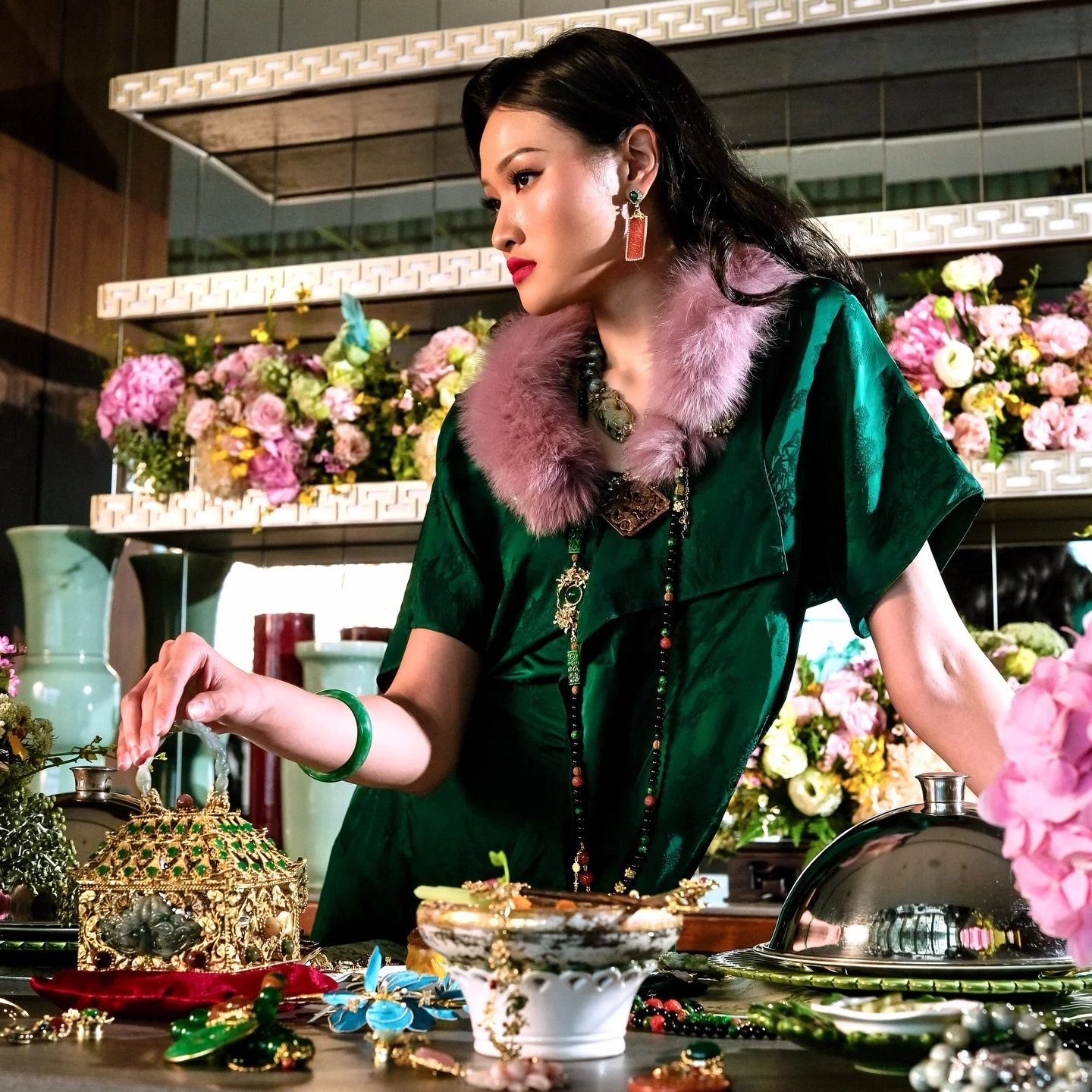 A table full of treasures and a rich palette of jade &mdash; inspired by vintage Shanghai glamour. 

Celestial Bloom &mdash; launching on the 23rd of January. 

#epajewel 

location: @tangcourtjakarta @langham_jakarta 
muse: @michellefrendiaz 
makeup