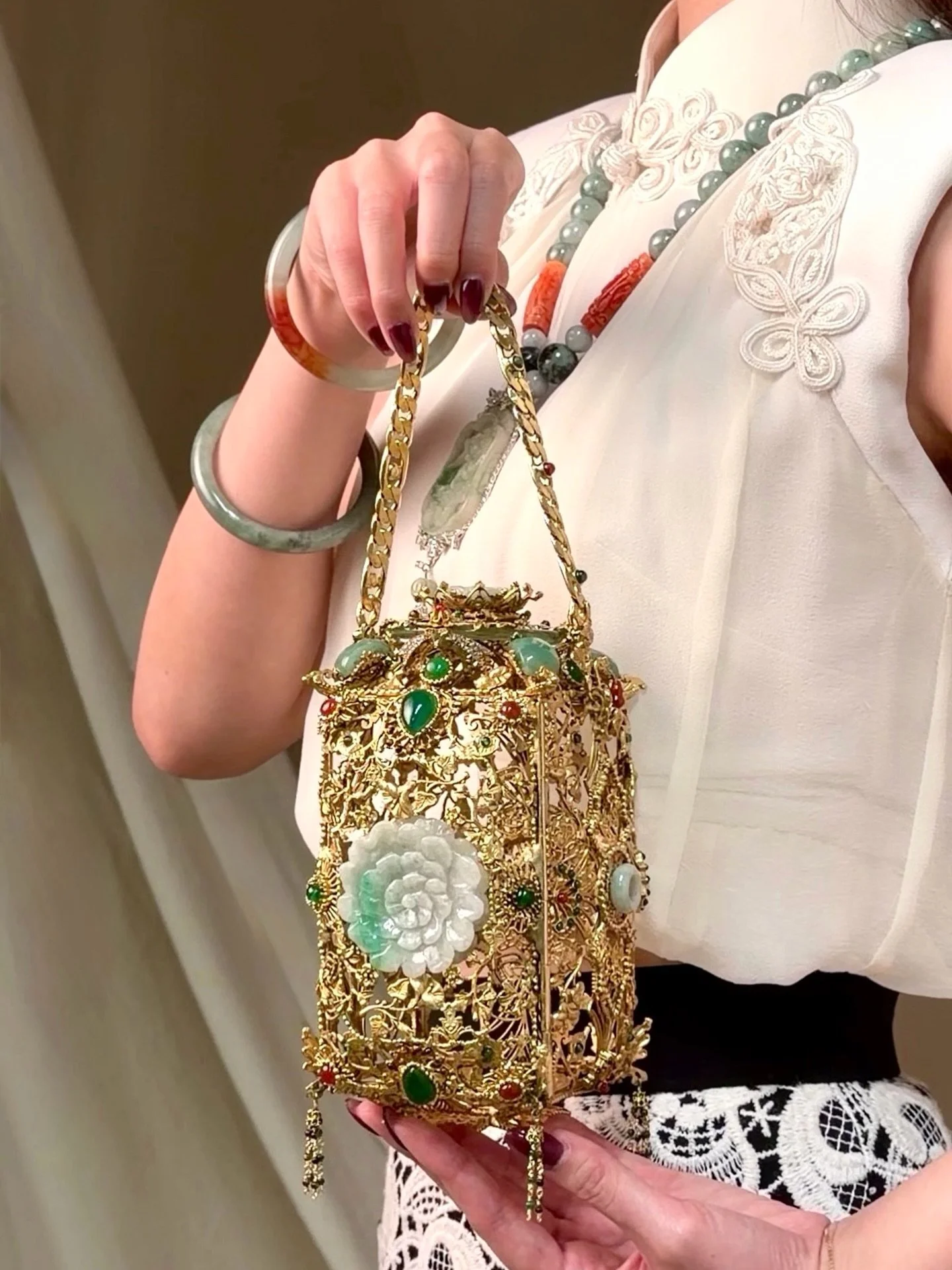 Welded slowly one-by-one &mdash; our one of a kind Jadeite Lantern Bag required 7 months of delicate craftsmanship, hard-work, and love to finally come to life. 

#epajewel