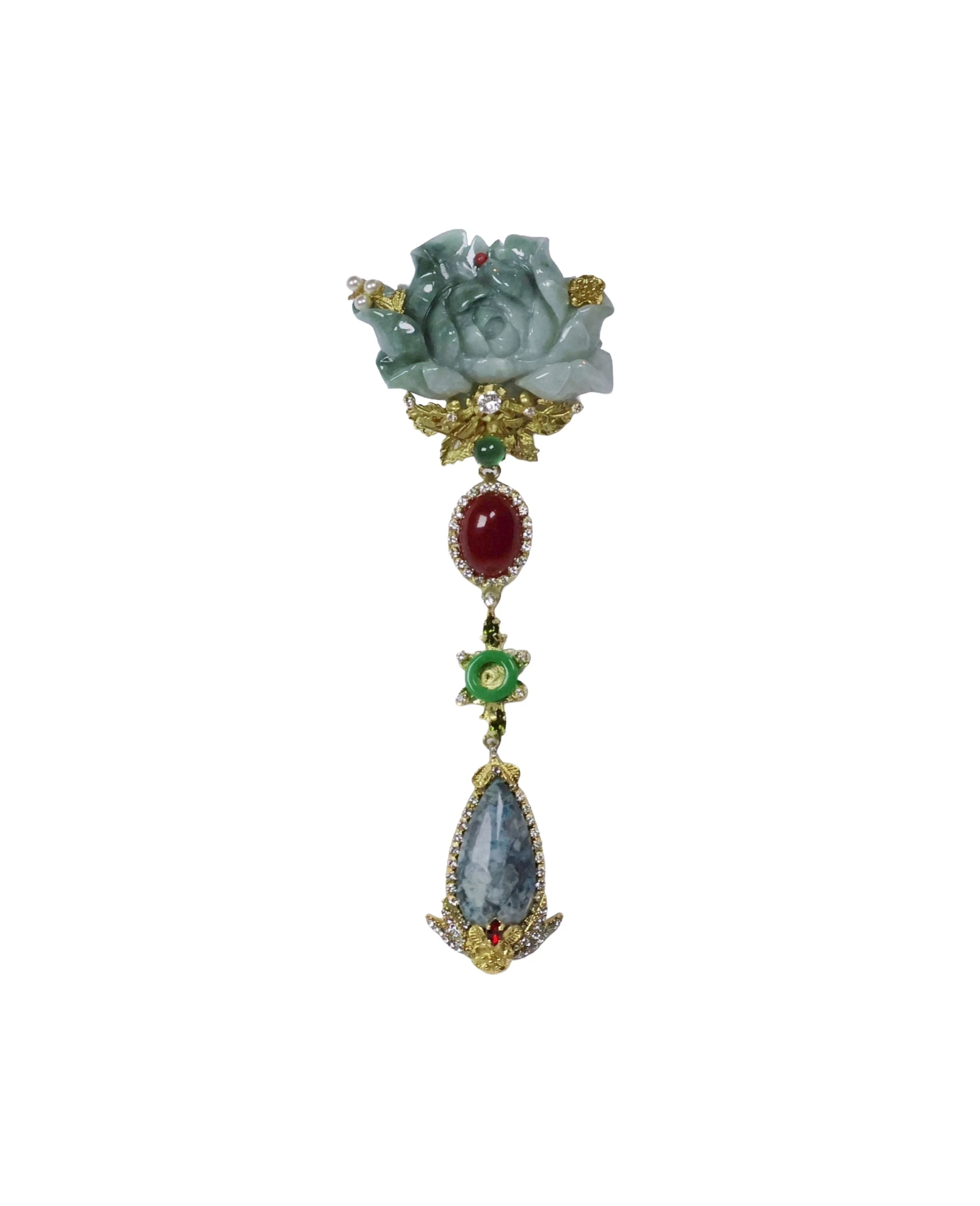 Jadeite & Red Agate Brooch