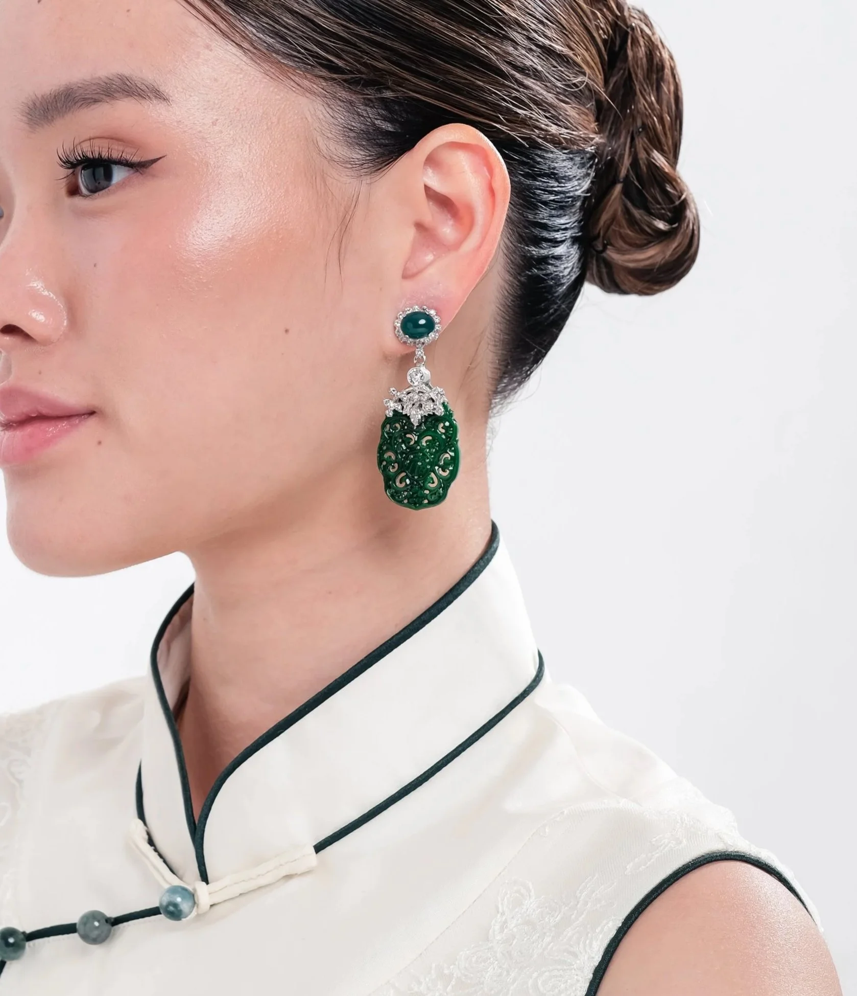 Green Jade & Carved Enamel Earrings
