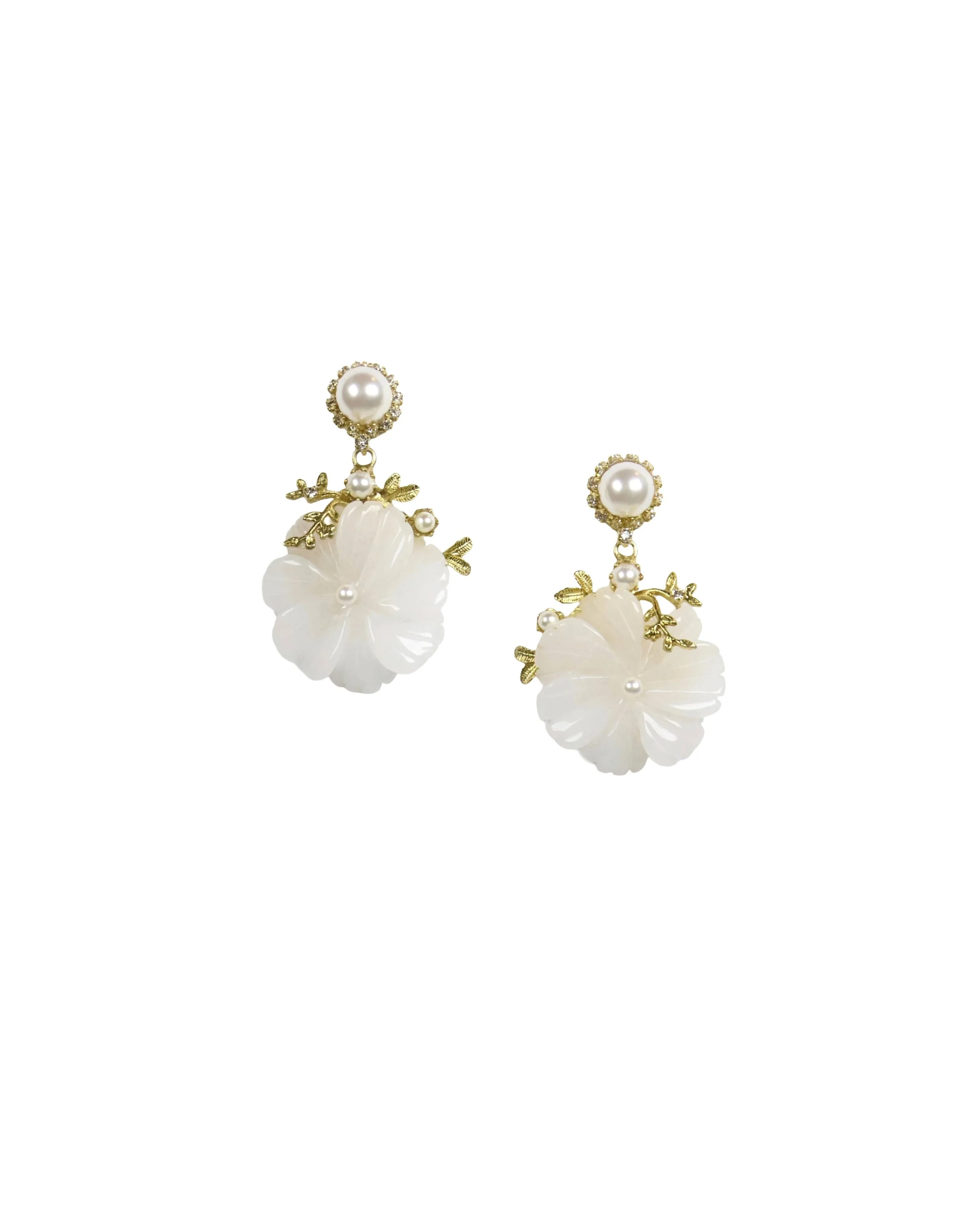 White Hetian Jade & Pearl Bloom Earrings