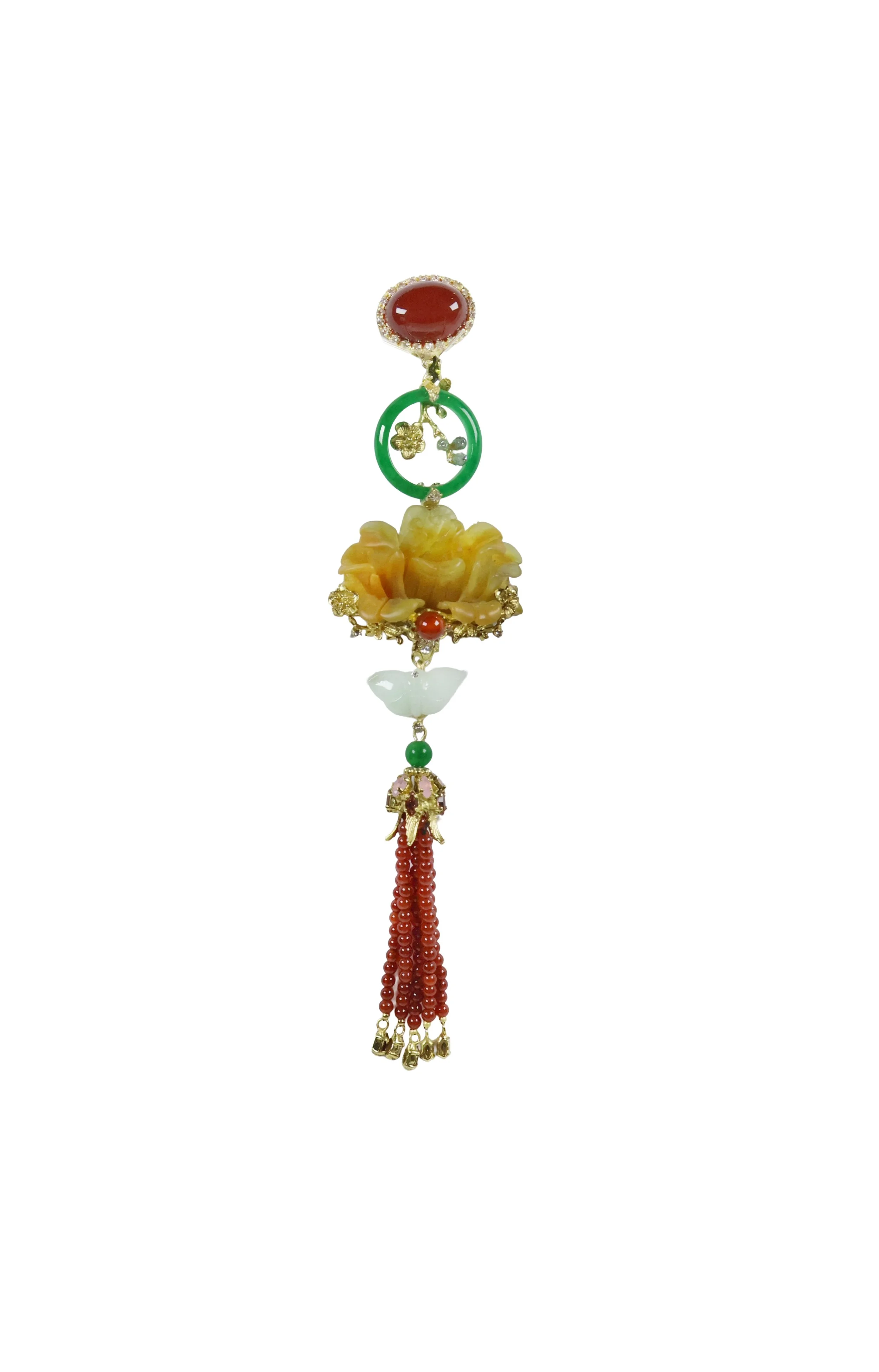 Red Agate & Yellow Jadeite Brooch