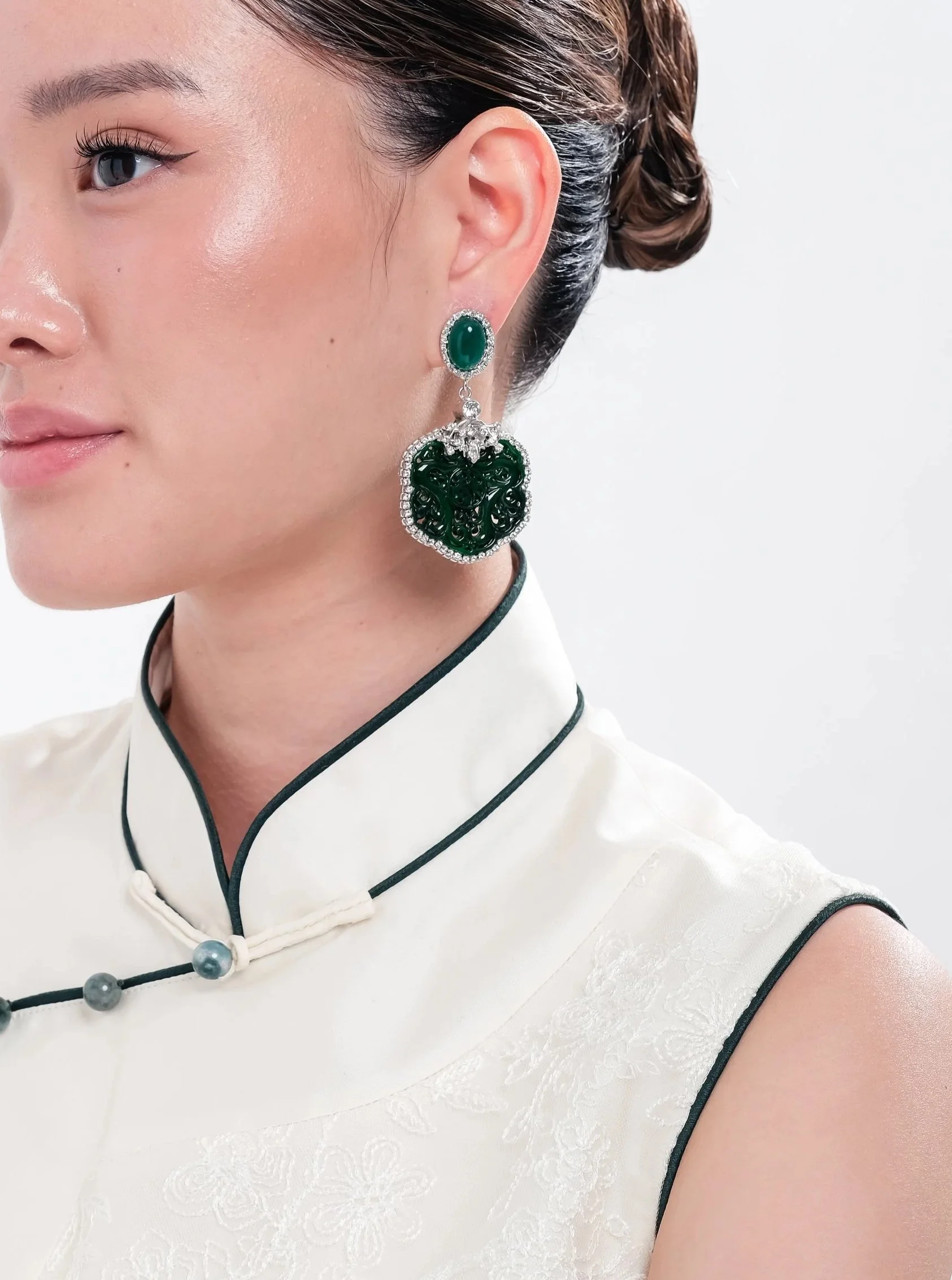 Green Jade & Carved Enamel Earrings