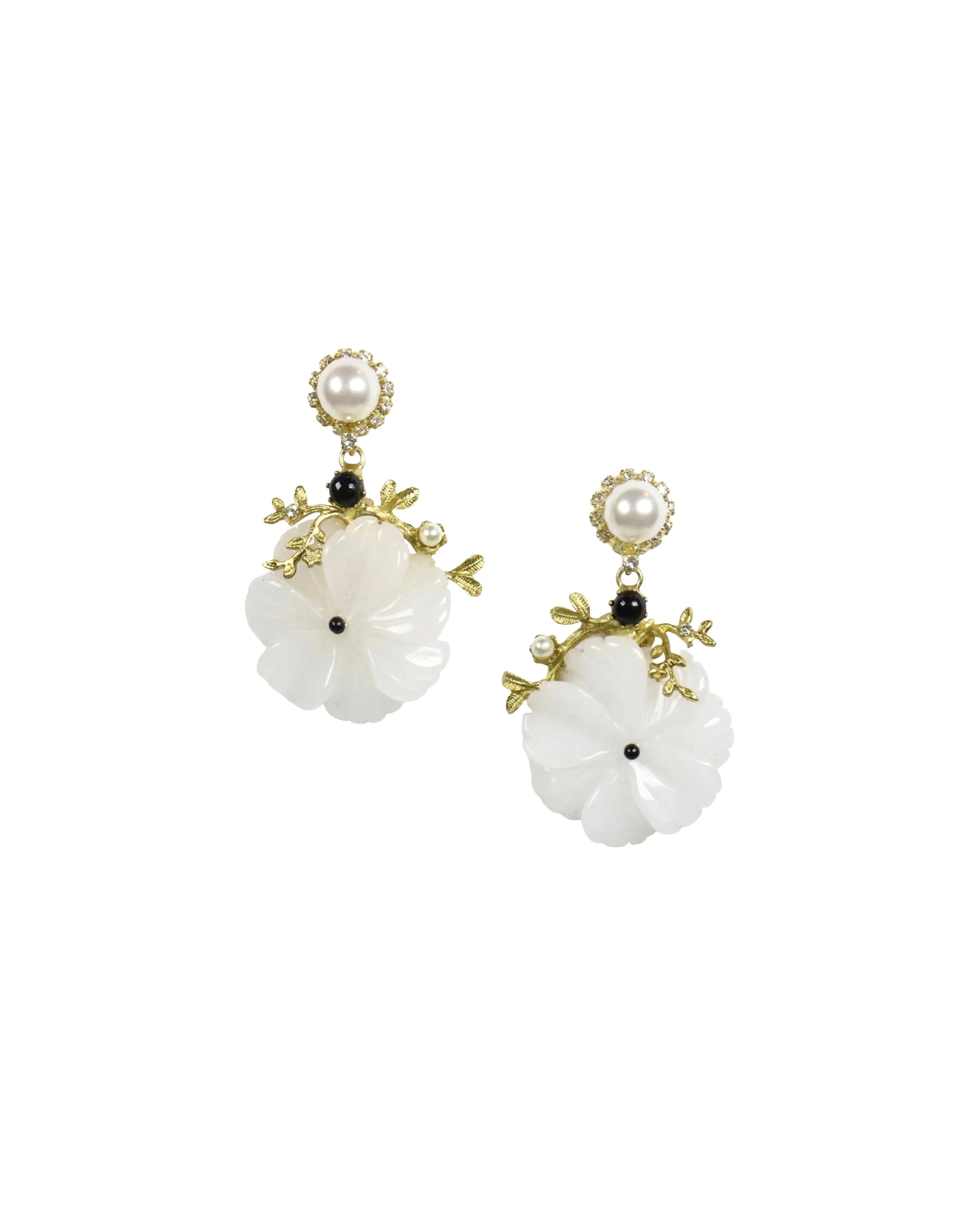 White Hetian Jade & Pearl & Black Onyx Earrings