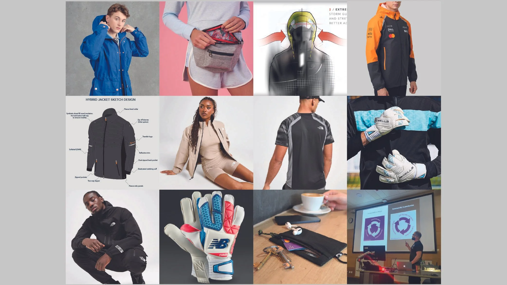 Collage of various outdoor, sports, and everyday apparel and equipment, including jackets, gloves, a backpack, a cap, a cup of coffee, keys, a presentation, and a person giving a lecture.