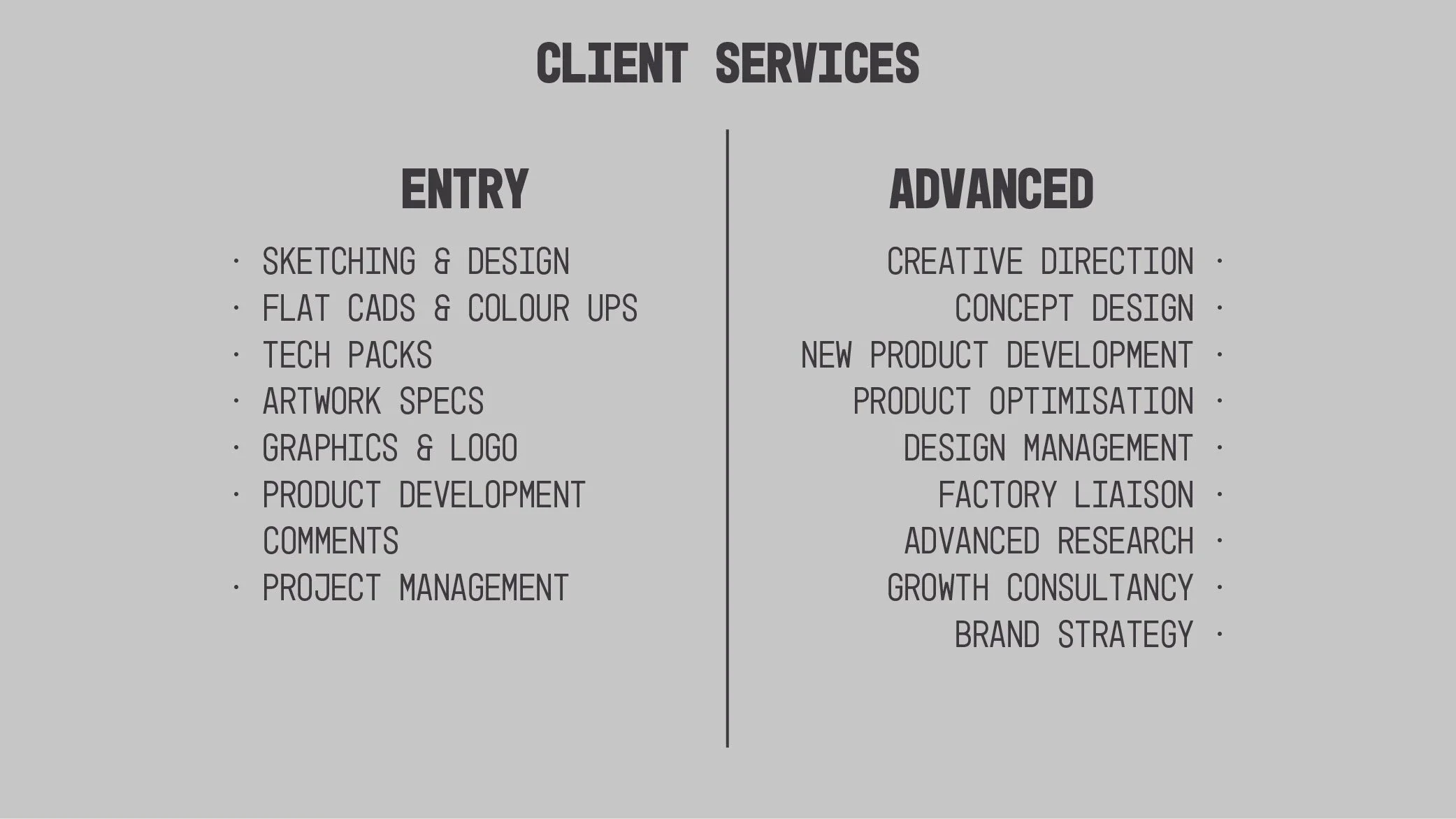 A list of client services divided into two categories, 'Entry' and 'Advanced.' Entry services include sketching, flat cads, tech packs, artwork specs, graphics, product development comments, and project management. Advanced services include creative direction, concept design, product development, product optimization, design management, factory liaison, research, growth consultancy, and brand strategy.