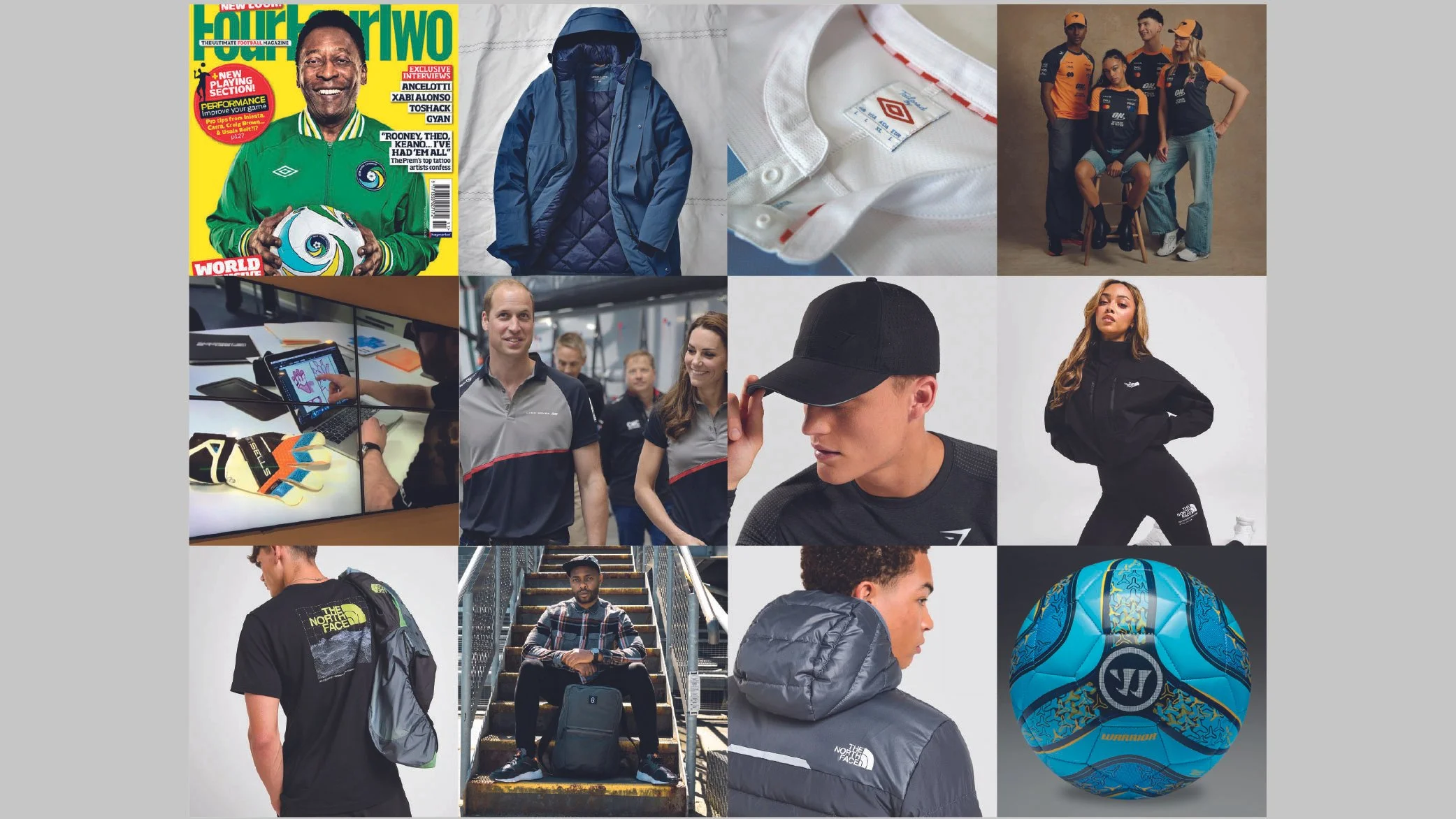 Collage of sports and athletic apparel, accessories, and merchandise, including magazine cover, jackets, shirts, a baseball cap, sneakers, a sports team photo, a woman in athletic wear, a backpack, and a decorative basketball.
