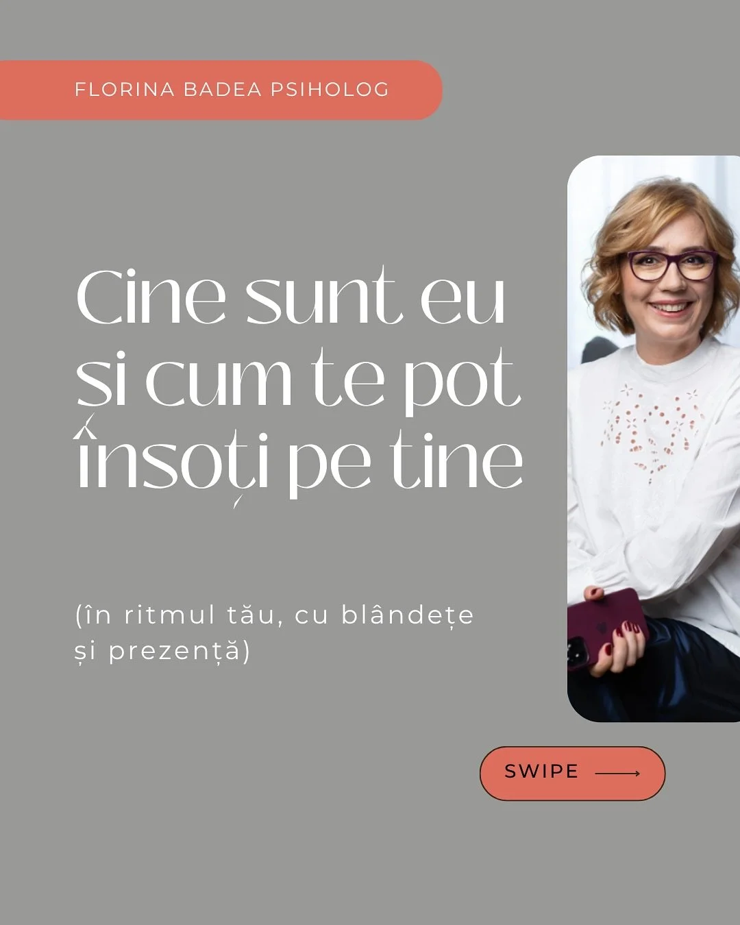 Sunt Florina Badea, mamă, soție, psiholog, practician Somatic Experiencing și ghid pentru femeile care vor să trăiască mai puțin &icirc;n minte și mai mult &icirc;n corp.

De peste 10 ani lucrez cu femei care caută stabilitate emoțională, claritate ș