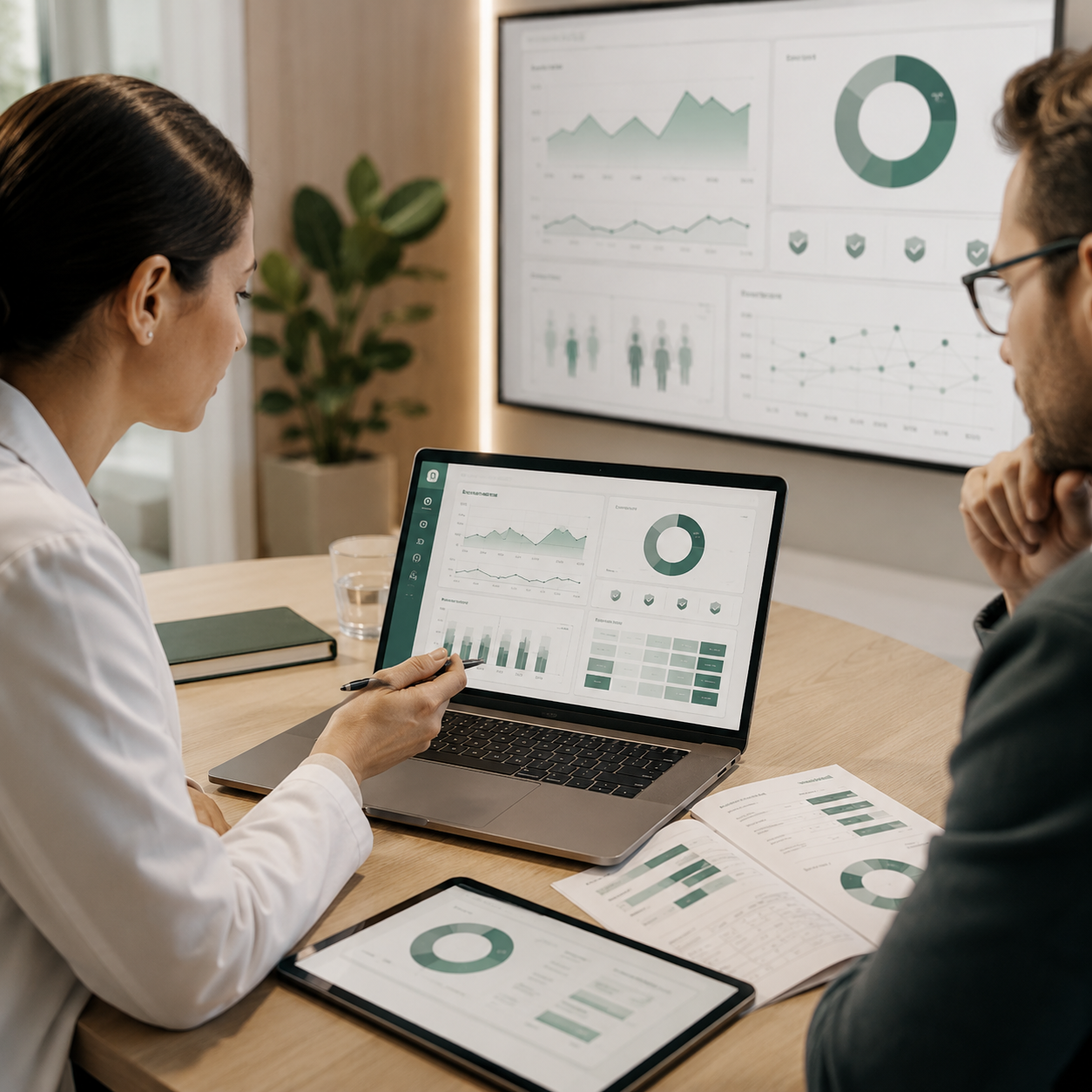 Two professionals analyze data on electronic devices in a conference room with graphs and charts displayed on a large screen.