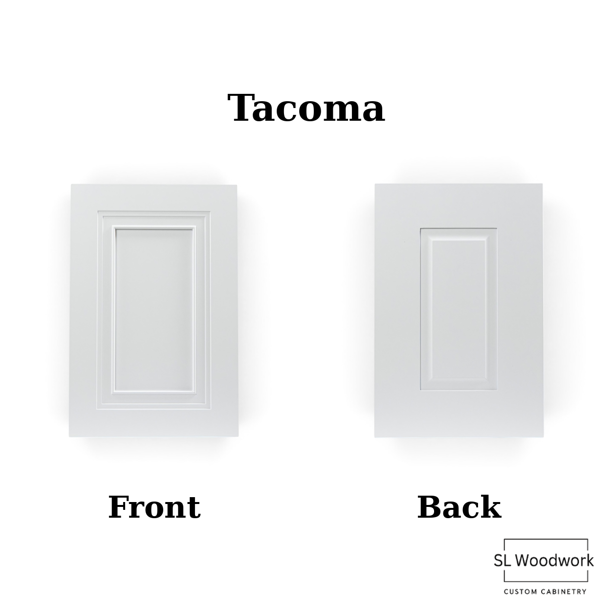 Comparison of two cabinet door styles, labeled 'Front' with recessed panel design and 'Back' with flat panel design, for a company called SL Woodwork.