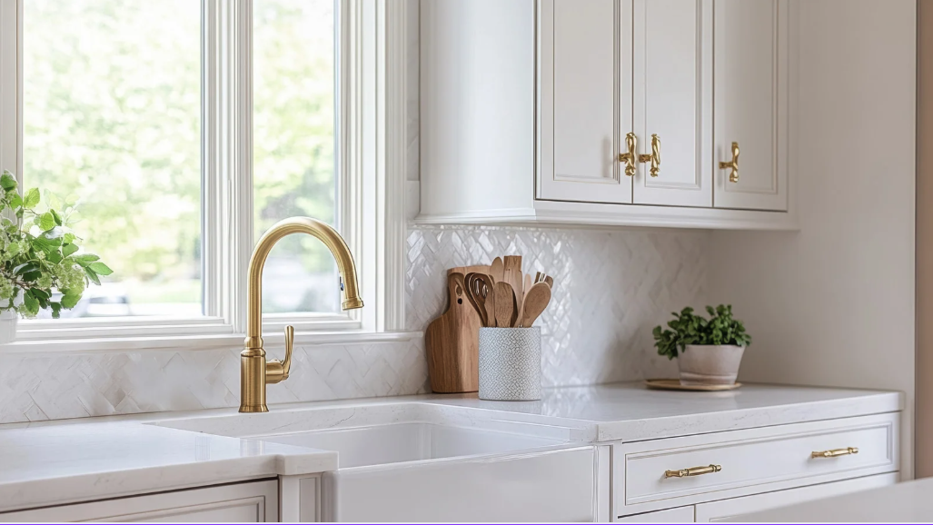Kitchen with white cabinets, a gold faucet, a window with greenery outside, and plant decor.