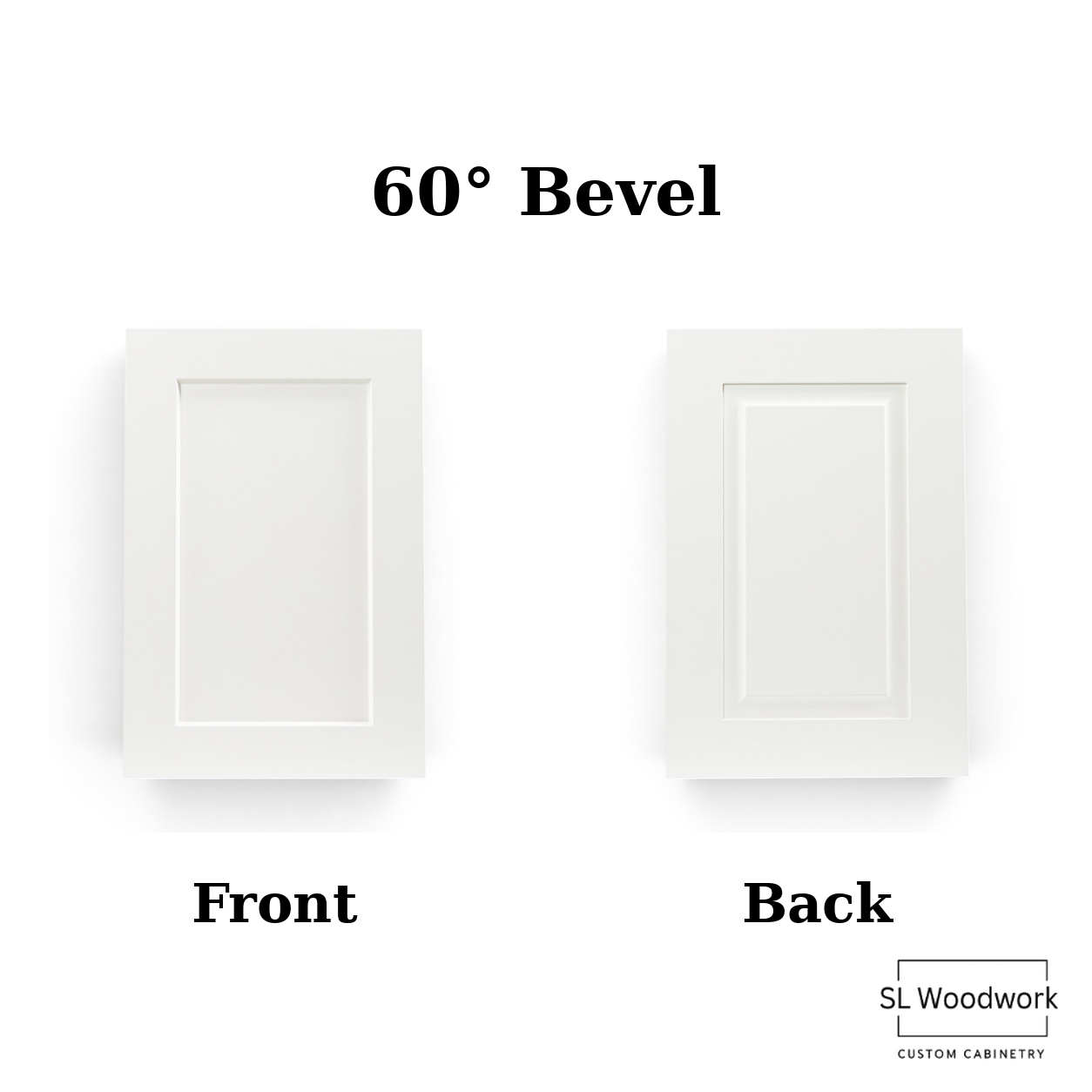 Comparison of cabinet doors with 60-degree bevel, showing front and back views, white finish, and a logo for SL Woodwork Custom Cabinetry.