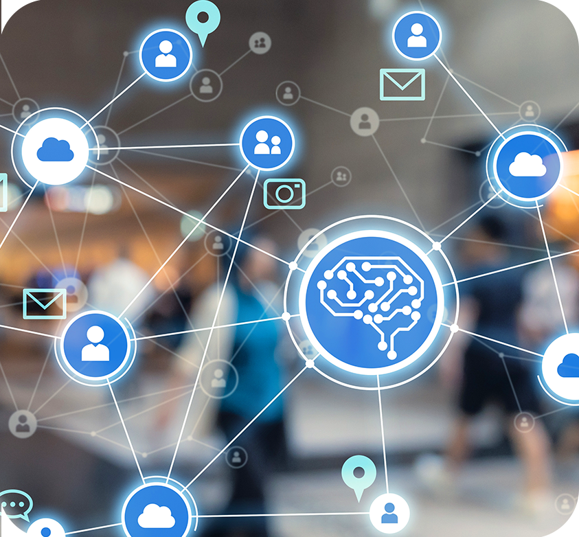 Abstract digital network concepts with connected symbols such as a brain, cloud, user profiles, email, and camera against a blurred background.