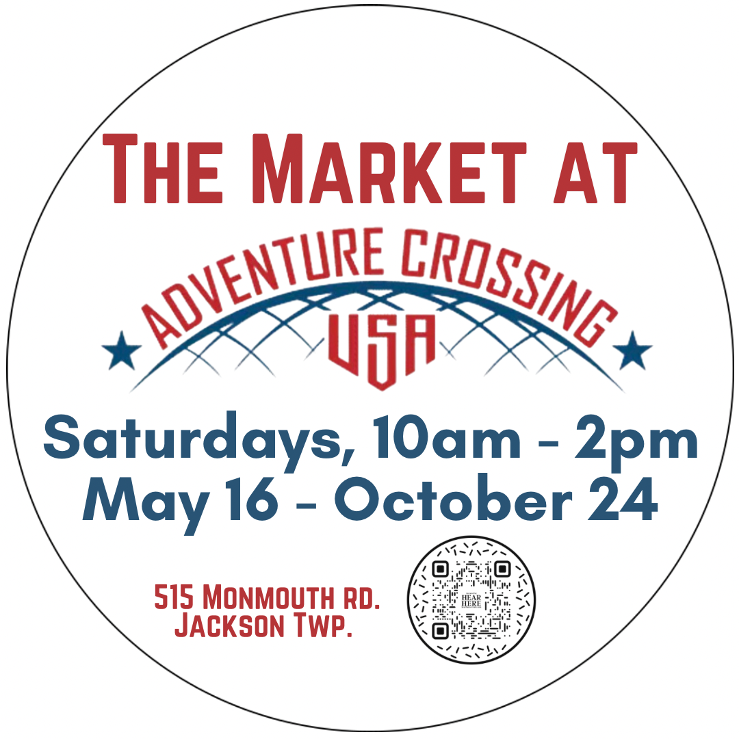Circular design promoting a market event at 515 Monmouth Road, Jackson Township, happening Saturdays from 10 am to 2 pm, May 16 to October 24. Features text and patriotic themed graphics with a QR code.