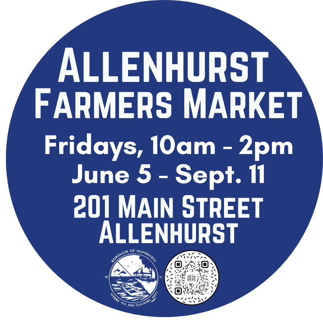 Circular blue sign for the Allenhurst Farmers Market, open Fridays from 10 am to 2 pm, June 5 to September 12, at 201 Main Street, Allenhurst. Includes a logo and QR code.