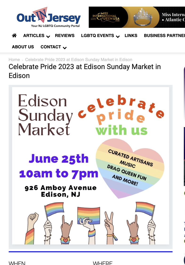 Flyer for Celebrate Pride 2023 at Edison Sunday Market in Edison, NJ, on June 25th from 10 am to 7 pm, featuring rainbow flags and a rainbow-colored heart with event highlights inside.