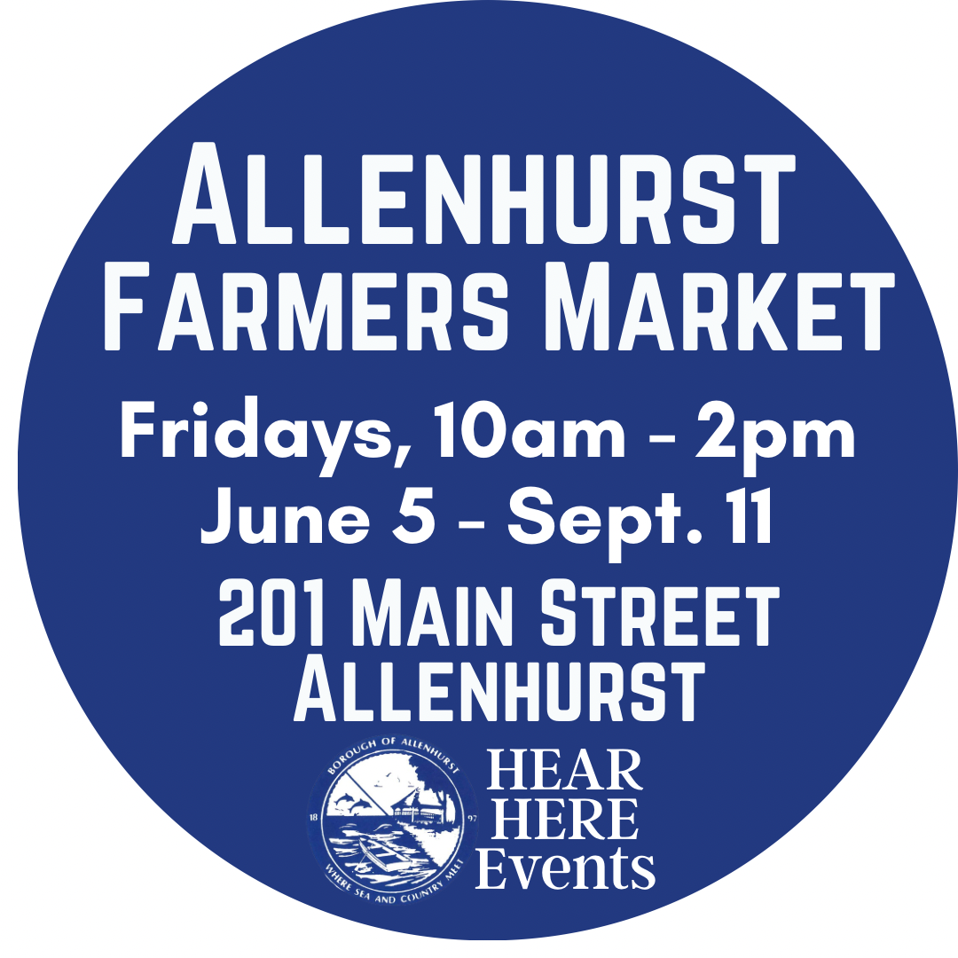 Circular blue sign for the Allenhurst Farmers Market, open Fridays from 10 am to 2 pm, June 5 to September 12, at 201 Main Street, Allenhurst. Includes a logo and QR code.