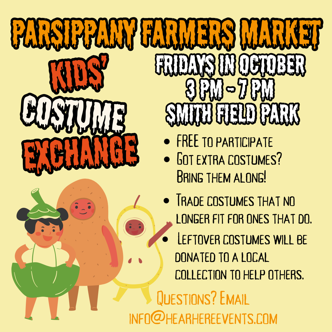 Flyer for Pflims Farmers Market Kids' Costume Exchange, held Fridays in October from 3 p.m. to 7 p.m. at Smith Field Park. Features cartoon characters in costumes, and text about the event, including free participation, bringing extra costumes, trading unused costumes, and donating leftovers. Contact email is provided.