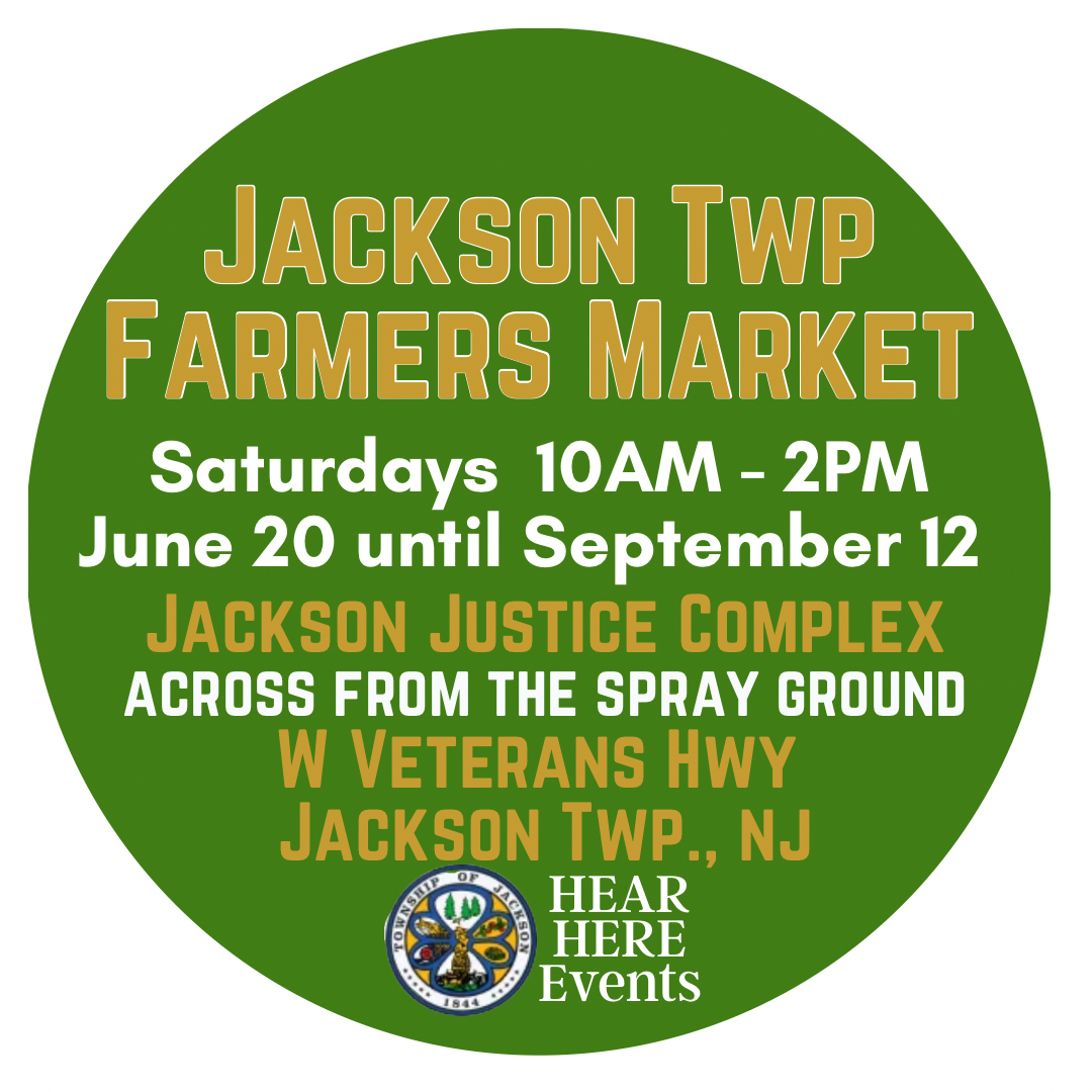 Circular flyer for a market event, featuring red, blue, and white colors, with the heading 'The Market at Adventure Crossing USA' and details about Saturday hours and dates, location at 515 Monmouth Rd, Jackson Twp., and a QR code.