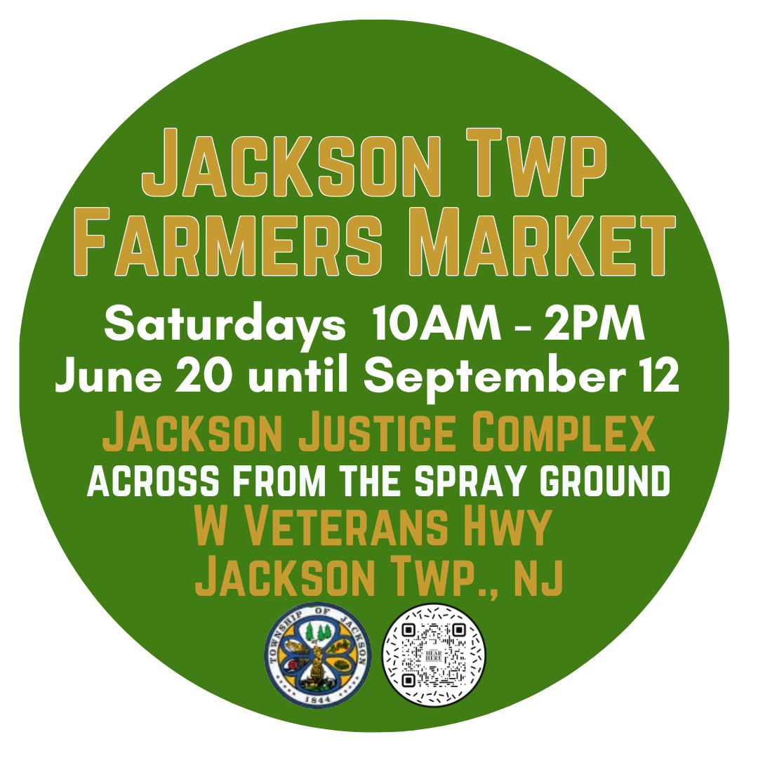 Circular flyer for a market event, featuring red, blue, and white colors, with the heading 'The Market at Adventure Crossing USA' and details about Saturday hours and dates, location at 515 Monmouth Rd, Jackson Twp., and a QR code.