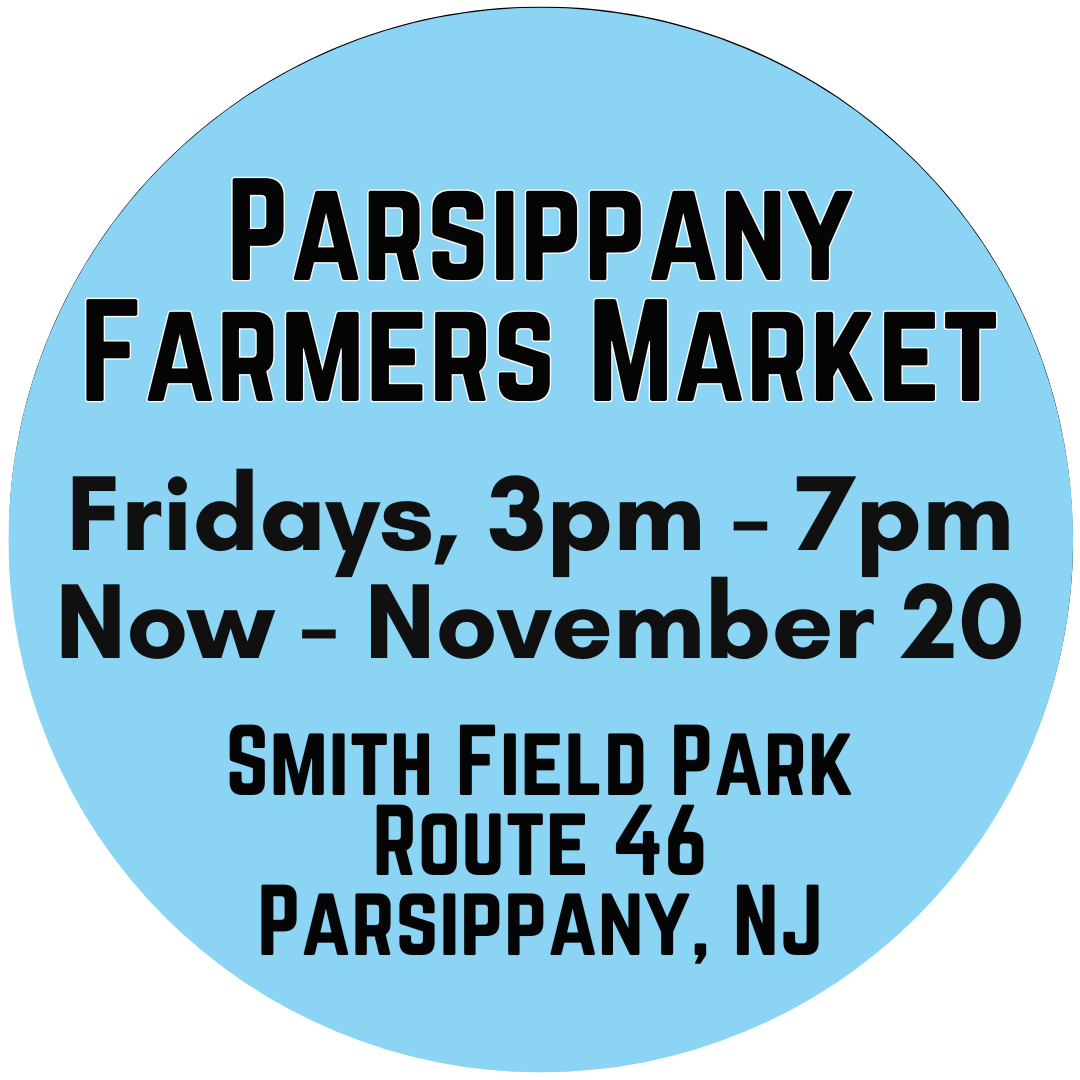 Blue circular sign with black text about Parsippany Farmers Market, Fridays, 3pm to 7pm, June 5 to September 11 at Smith Field Park, Route 46, Parsippany, NJ. Includes city seal and QR code.