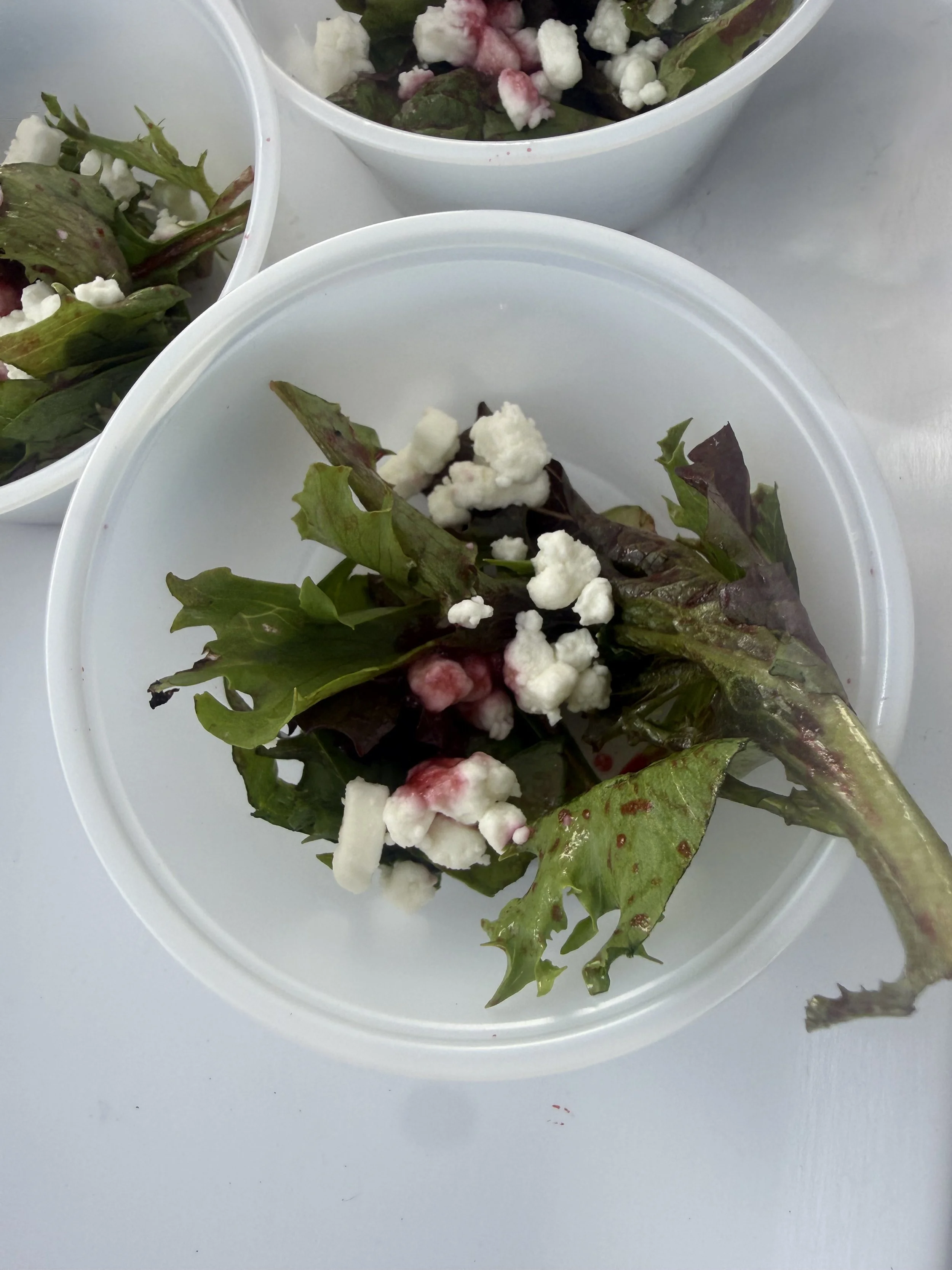 Salad in white bowls with leafy greens, cheese, and dressing on a white surface. Parsippany Farmers market by Hear Here Events 2026 season