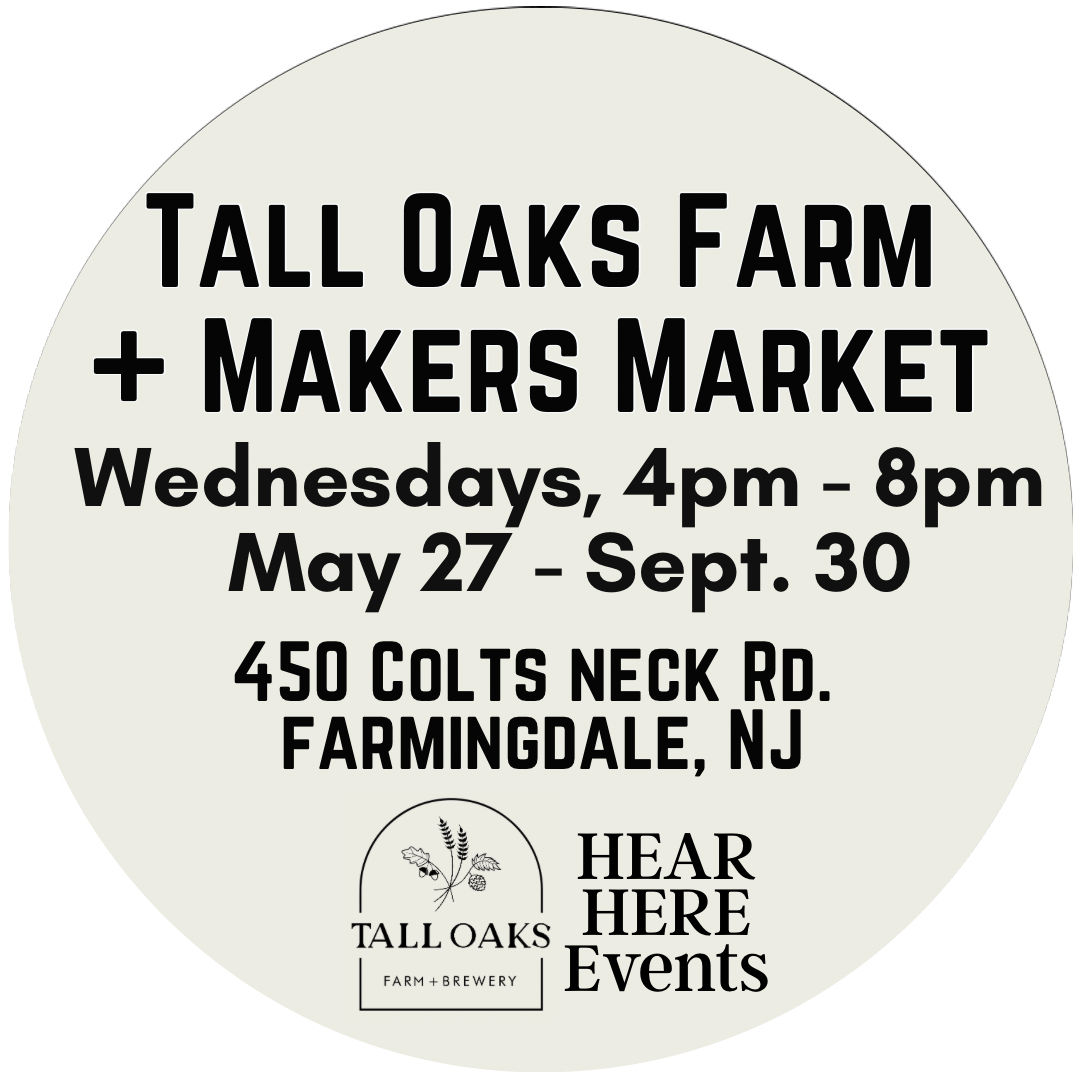 Circular sign for Tall Oaks Farm & Makers Market with market details, including days and hours, location at 450 Colts Neck Rd., Farmingdale, NJ, with a logo of a tree and a QR code.