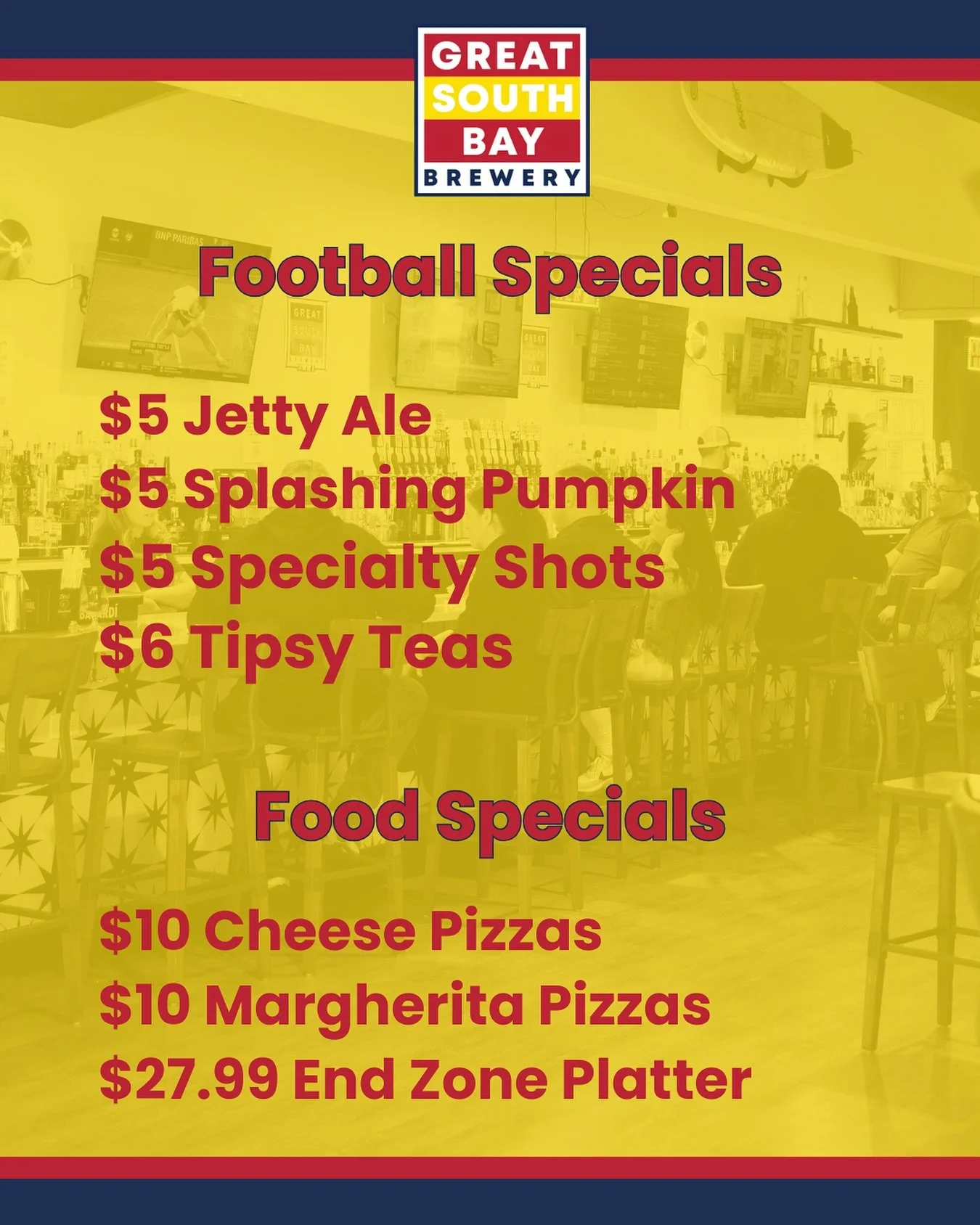 No Sunday Scaries here! Enjoy our incredible Sunday specials while rooting for your favorite NFL team.