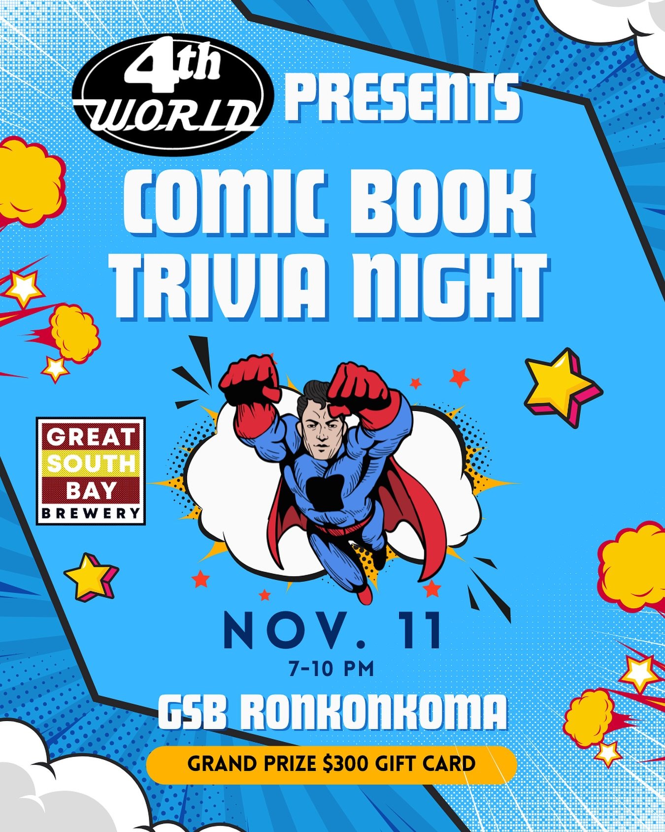 Comic Book Trivia Night is happening at GSB Ronkonkoma &mdash; presented by our friends @fourthworldcomics

Think you know your heroes, villains &amp; multiverse madness? Prove it! ⚡️

📅 Tonight | 7&ndash;10 PM
🏆 Grand Prize: $300 Gift Card to 4th 