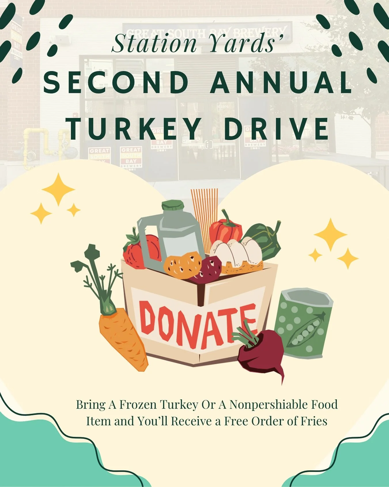 Today is @stationyardsli Second Annual Turkey Drive. Those who donate a nonperishable food item or a frozen turkey will receive a free order of fries.