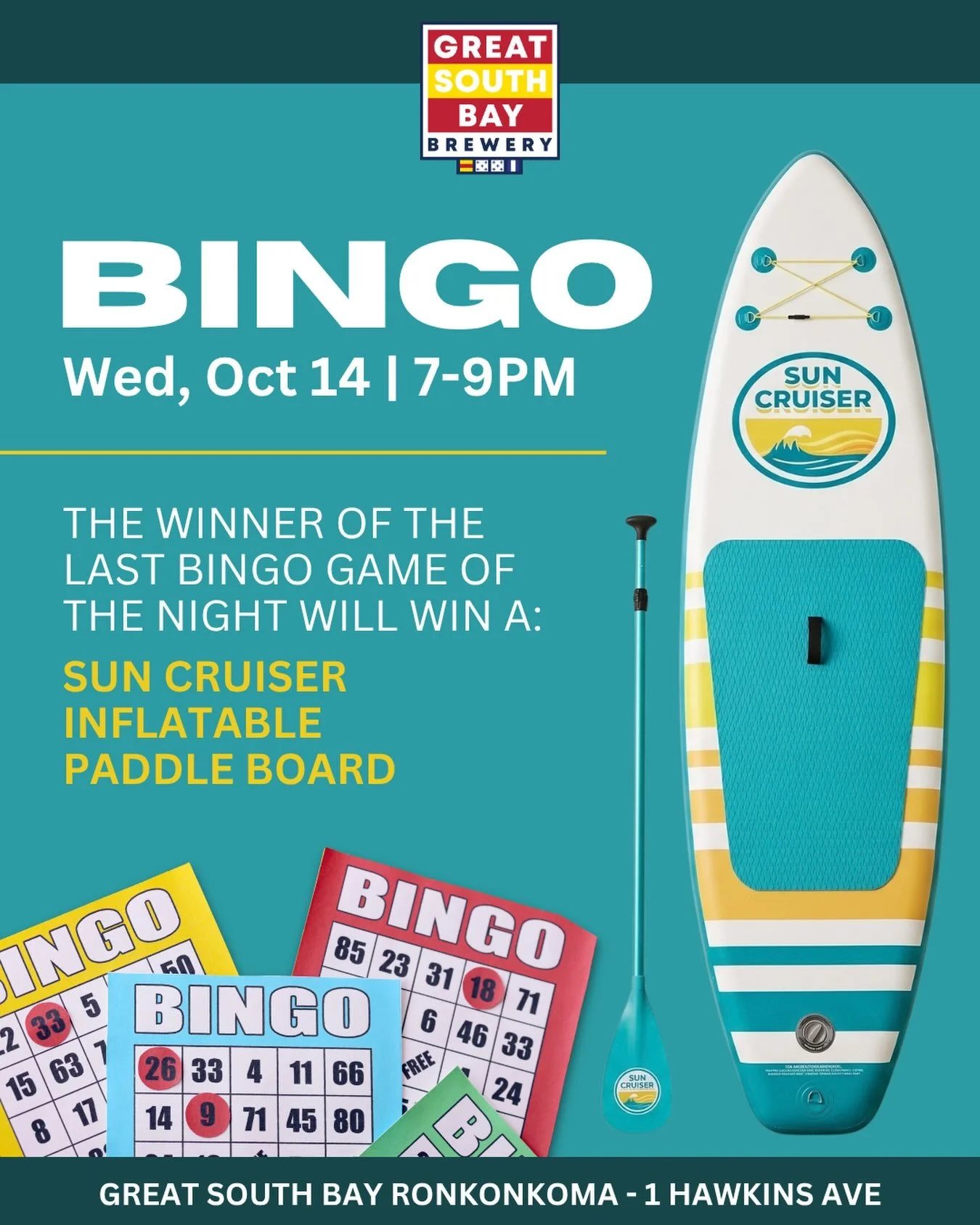 🚨 BINGO PRIZE ALERT 🚨

Wednesday, Oct 14th, the winner of the last bingo game of the night will win a Sun Cruiser inflatable paddle board!!