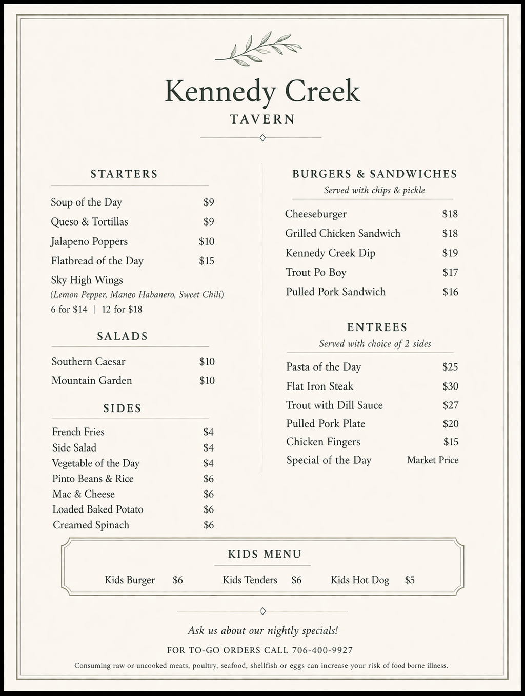 Kennedy Creek Tavern menu featuring sections for starters, salads, sides, burgers & sandwiches, entrees, and kids menu, with prices listed for each item.
